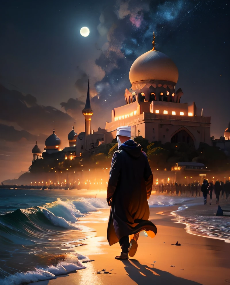 muslim man walking on the beach at night with a mosque in the background, 8k stunning artwork, concept art wallpaper 4k, inspired by Andreas Rocha, andreas rocha style, inspired by Cyril Rolando, a beautiful artwork illustration, 4k highly detailed digital art, concept art | rhads, beautiful art uhd 4 k, 8k hd wallpaper digital art, million of stars, moon --auto