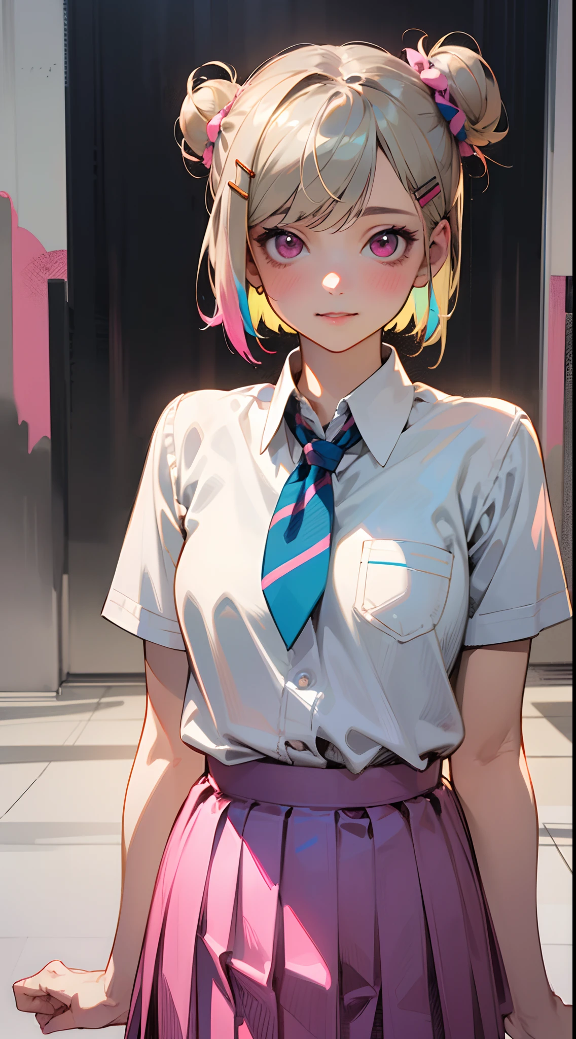 (best quality,highres:1.2),ultra-detailed,(realistic:1.37),silver-blonde hair,bob haircut,short hair style,hair tied up in a bun with hairclip,pink eyes,break blue skirt,pleated skirt,school uniform,pink skirt,looking at the viewers,refreshing,illustration,anime style,soft lighting,vivid colors,playful expression,cheerful atmosphere
