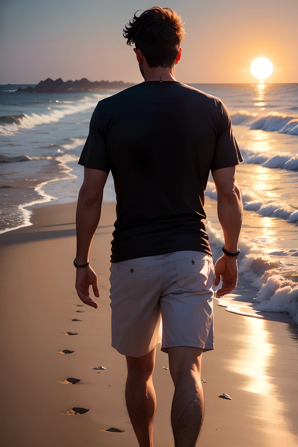 homem e mulher caminham na praia, distantes, eclipse solar ao fundo, romantic image, profundo, inspirador