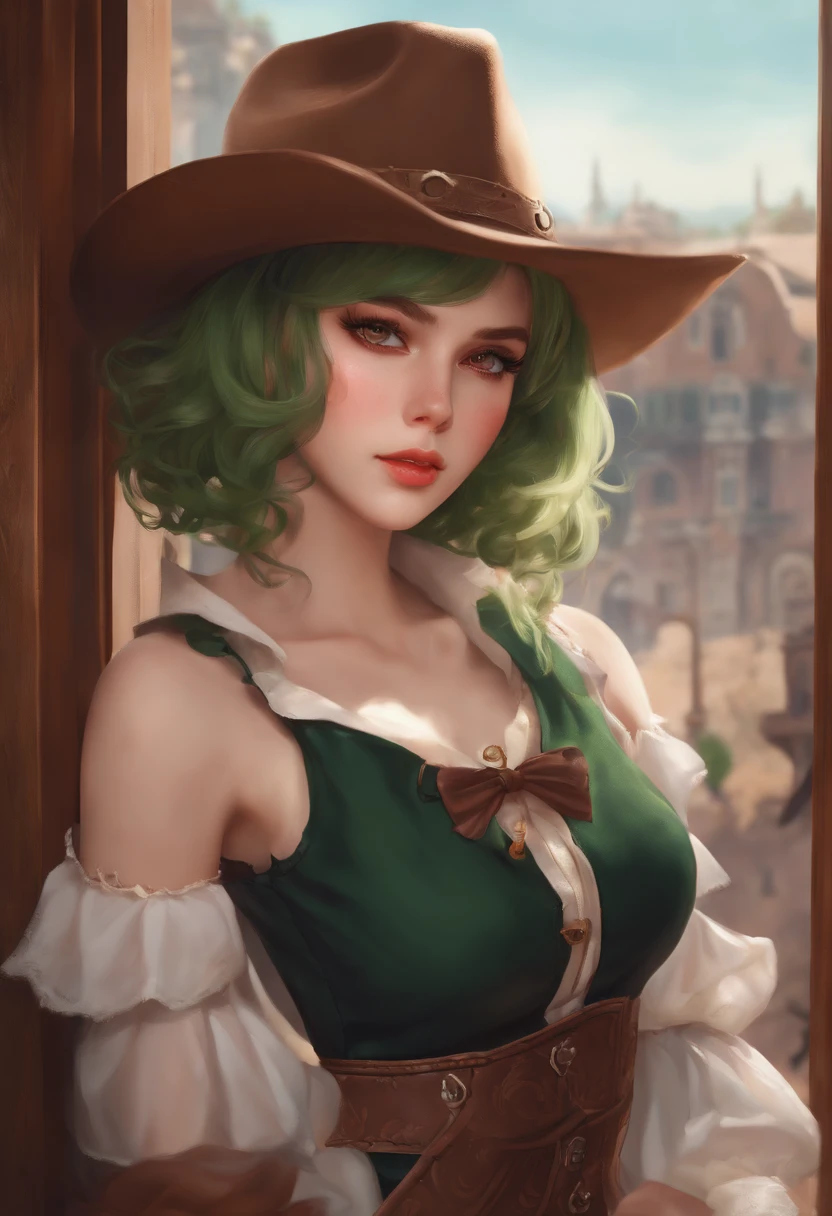 (cowboy shot), sfw,  (masterpiece), (best quality:1.0), (ultra highres:1.0), detailed eyes, BREAK , MissMartianYJ, green skin, short hair, 1girl, sweet_lolita, BREAK, (street, indoors,  gorgeous view)