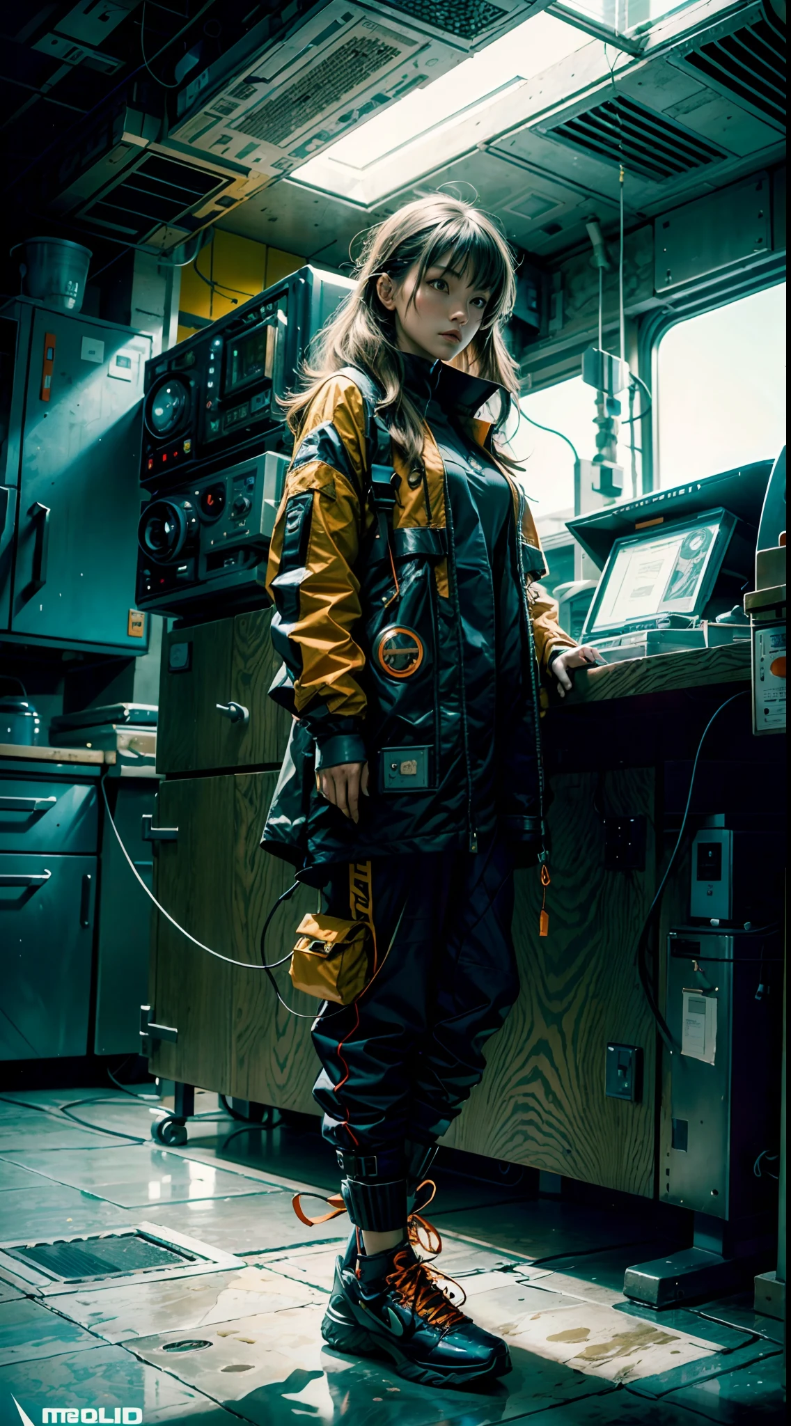 1monk warrior girl with blue orange techwear clothes, Long brown hair, shoelace, Vintage Scifi Background Abstract, Art by Moebius, Art by Ashley Wood