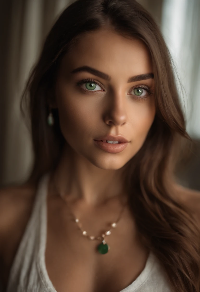 arafed woman with a white tank top and a necklace, sexy girl with green eyes, portrait sophie mudd, brown hair and large eyes, selfie of a young woman, bedroom eyes, violet myers, without makeup, natural makeup, looking directly at the camera, face with artgram, subtle makeup, stunning full body shot, piercing green eyes