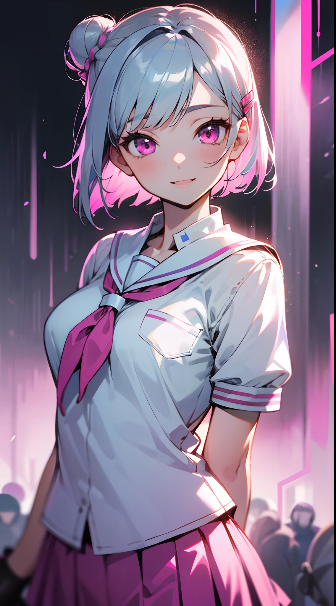 (Best Quality,hight resolution:1.2),Silver hair,bob Haircut,Short hair style,Hair tied in a bun with a hair clip,Pink eyes,Blake Blue Skirt,Pleated skirt,School uniform,Pink skirt,looking at the viewers,Refreshing,Illustration,Anime style,Soft lighting,Vivid colors,playful expression,Cheerful atmosphere