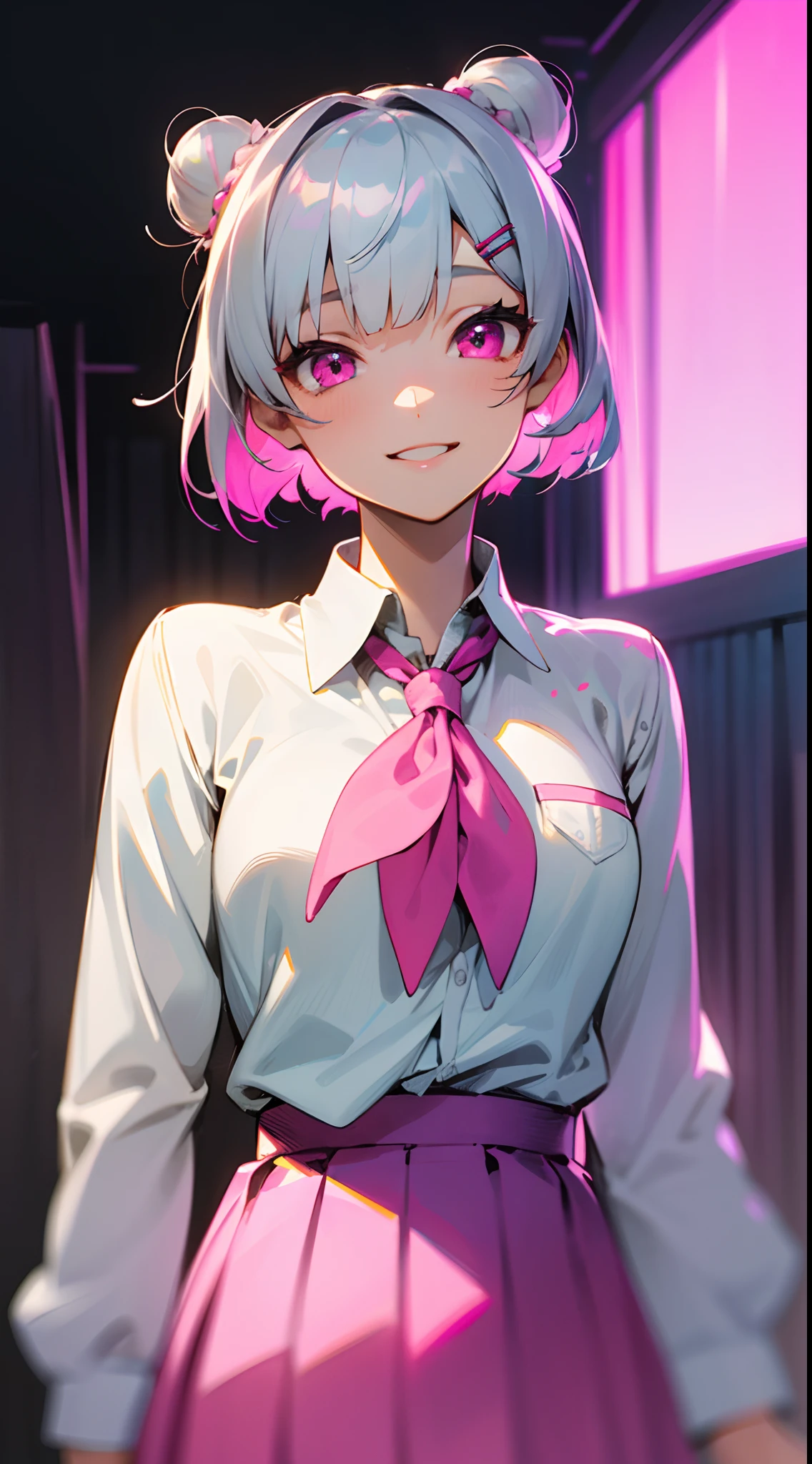 (Best Quality,hight resolution:1.2),Silver hair,bob Haircut,Short hair style,Hair tied in a bun with a hair clip,Pink eyes,Blake Blue Skirt,Pleated skirt,School uniform,Pink skirt,looking at the viewers,Refreshing,Illustration,Anime style,Soft lighting,Vivid colors,playful expression,Cheerful atmosphere