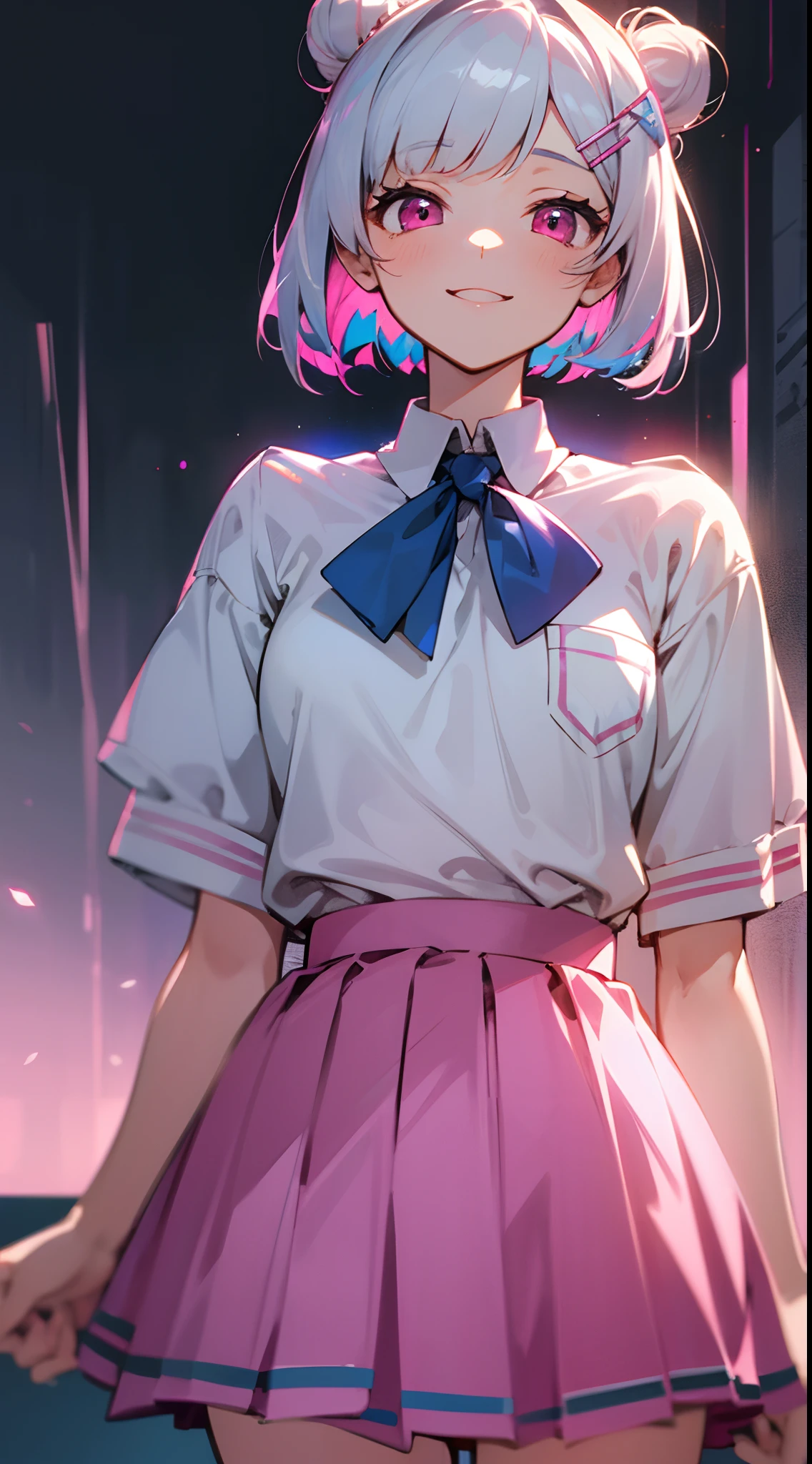 (Best Quality,hight resolution:1.2),Silver hair,bob Haircut,Short hair style,Hair tied in a bun with a hair clip,Pink eyes,Blake Blue Skirt,Pleated skirt,School uniform,Pink skirt,looking at the viewers,Refreshing,Illustration,Anime style,Soft lighting,Vivid colors,playful expression,Cheerful atmosphere