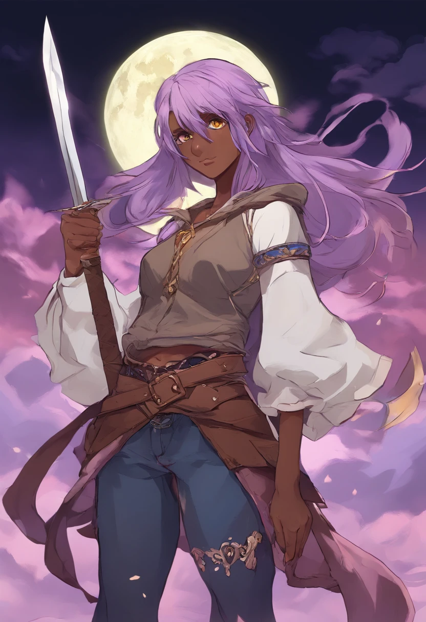 Big breasted dark skinned anime girl with lavender/yellow eyes holding a kunai in front of a full moon, in an anime style, anime style character, in anime style, inspired by Jin Homura, flat anime style, hetrochromia. Dark skinned woman wearing an hooded leather jacket in an off-shoulder manner and ripped jeans. Hair bangs covering left eye, ponytail