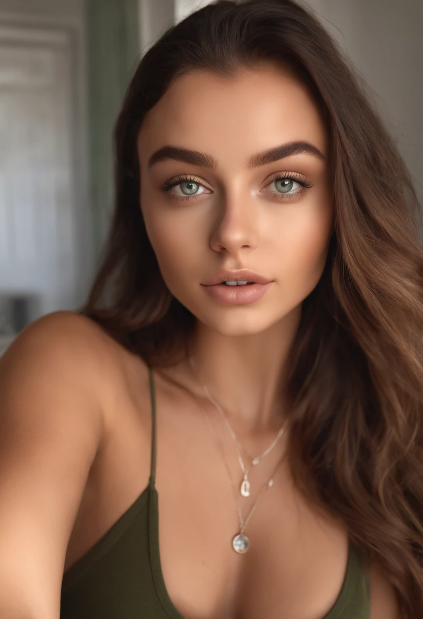 woman with a white tank top and a necklace, sexy girl with green eyes, sophie mudd body type, brown hair and large eyes, selfie of a young woman, bedroom eyes, violet myers, without makeup, natural makeup, looking directly at the camera, face with artgram, subtle makeup, stunning full body shot, piercing green eyes, full body at the beach