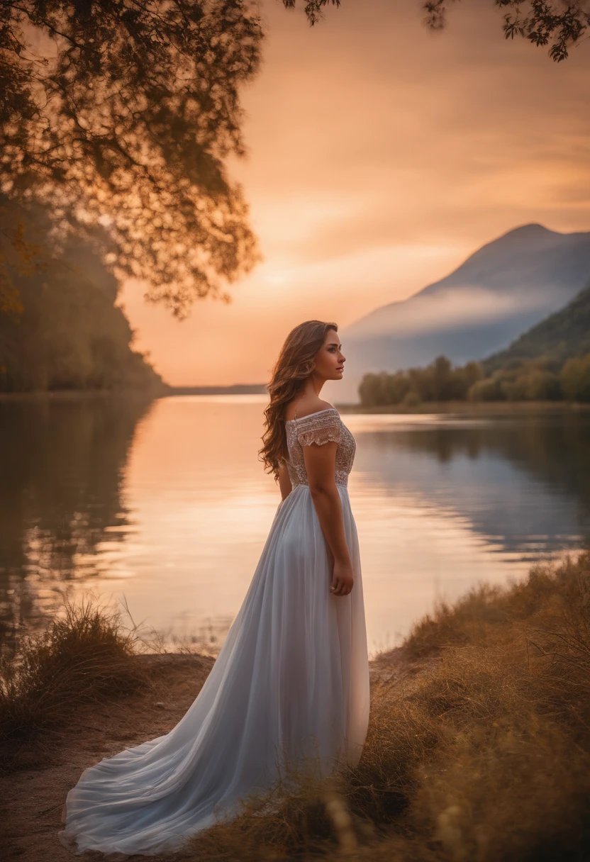 1 girl, serene expression, olhos hipnotizantes, Cabelos longos lisos, Flowing dress, postura equilibrada, Pele de Porcelana, blush sutil, pingente de cristal BREAK golden hour, (Rim lighting):1.2, tons quentes, Brilho solar, sombras suaves, cores vibrantes, painterly effect, dreamy atmosphere BREAK scenic lake, montanhas distantes, Salgueiro, calm water, reflection, nuvens iluminadas pelo sol, ambiente tranquilo, idyllic sunset, ultra detalhado, Arte Oficial, Unity 8k papel de parede , Zentangle, mandala
