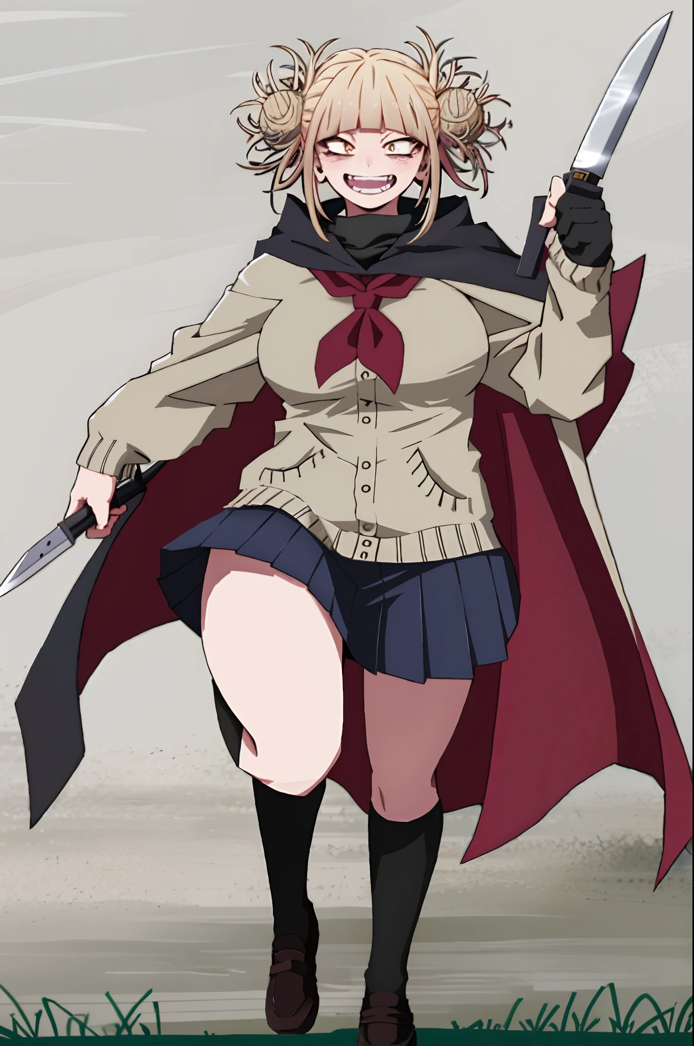 Toga Himiko , full body, standing ,smile, sharpteeth,cloak, fantasy, knife holding, long skirt,, big breast, curvy, solo, germanic skirt, pants