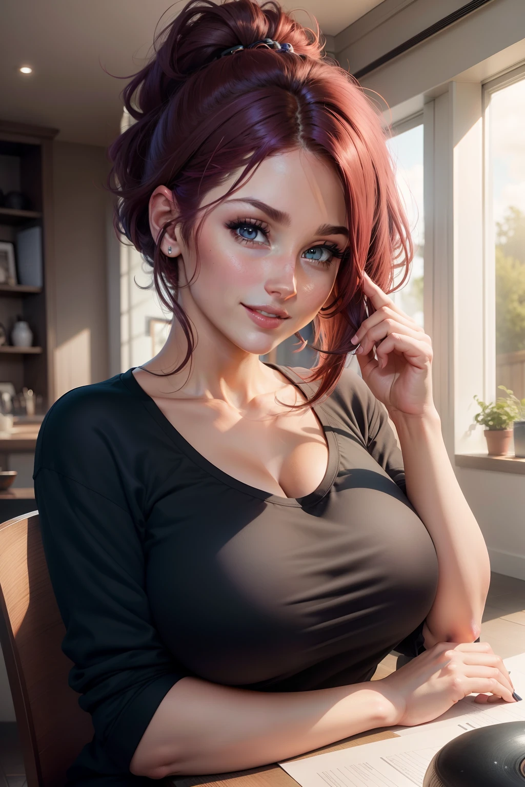 Lucy Pinder, portrait, Maroon hair, red lips, smiling, Face portrait, Hair tied with a clip, wavy hair, short hair, black t-shirt, pink sweater, Super cleavage, jeans, sitting.