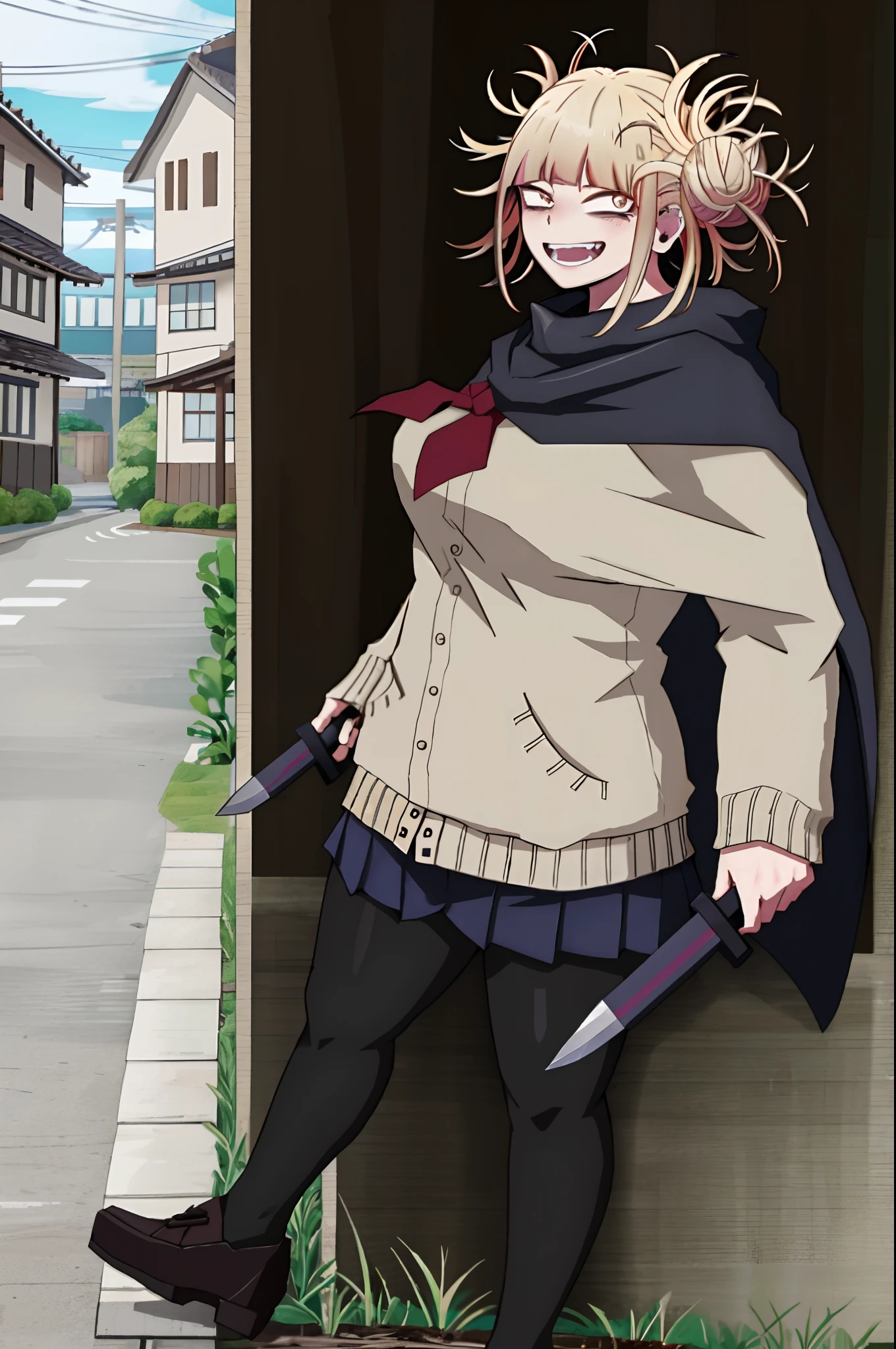 Toga Himiko , full body, standing ,smile, sharpteeth,cloak, fantasy, knife holding, long skirt,, big breast, curvy, solo, germanic skirt, pants