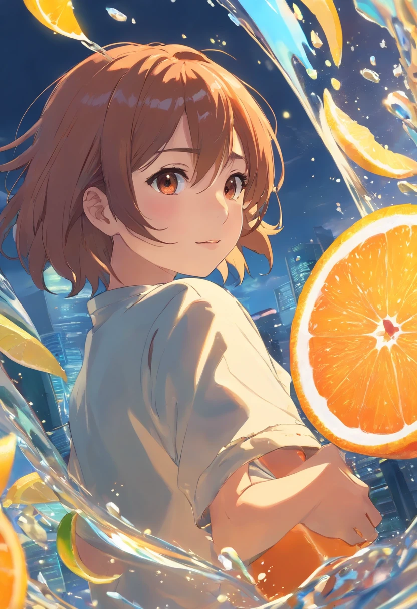 Someone has a bottle of orange juice with a sticker, Drink, Made with drinks, it has lemon skin texture, Lemon Demon, Wang Chen, Energy drinks, qiangshu, lava, daoshu, 千 葉 雄 大, fire punch, Komono, zmonzheng,Wringing by hand,