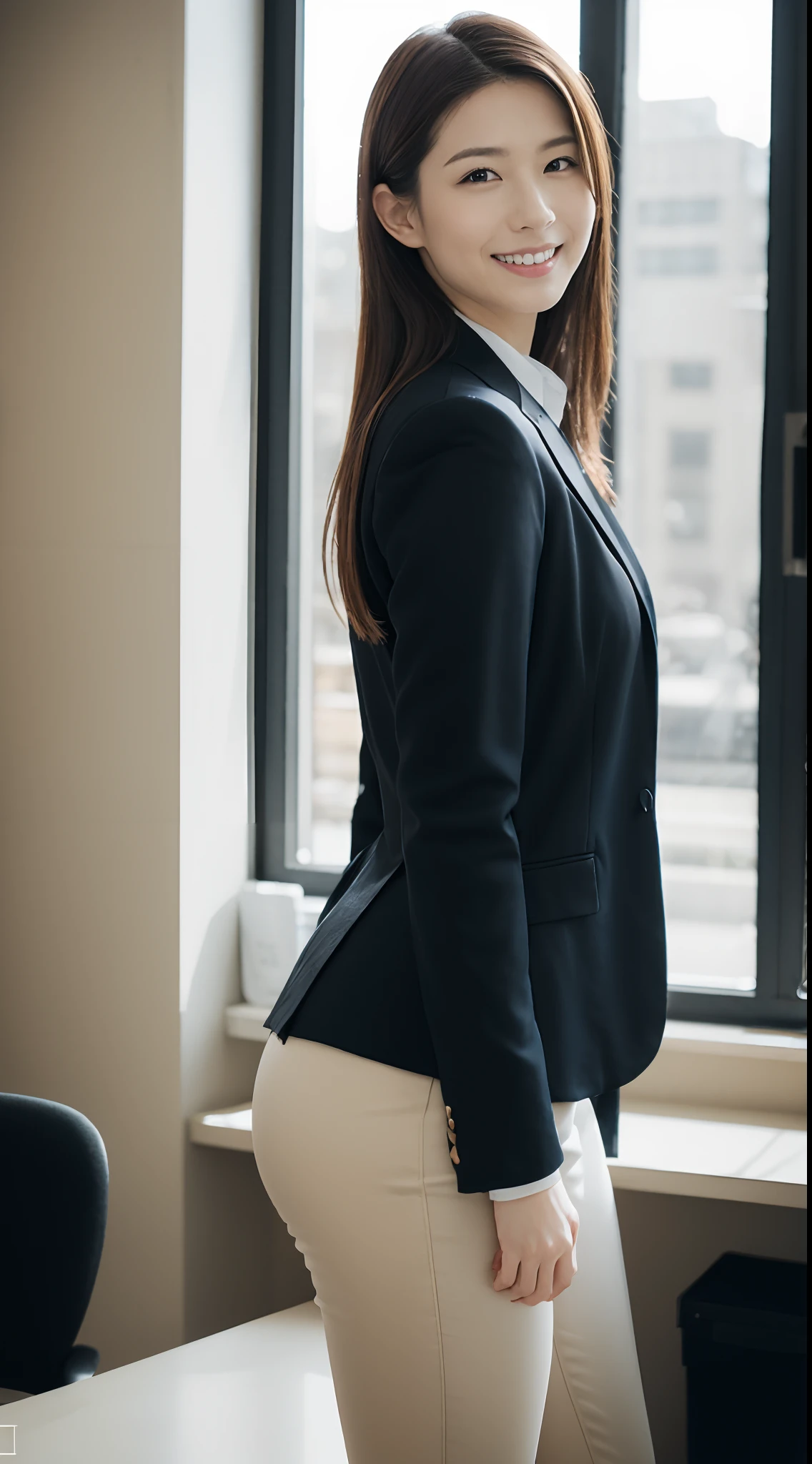 (top-quality、8k、32k、​masterpiece、RAW Photography、UHD:1.2)、1girl in、beautiful japanese female、big breasts thin waist、Gray suit、white  shirt、OL、suits、trouser、from the rear、office、desk、(stick out buttocks:1.2)、A detailed face、shorth hair、
