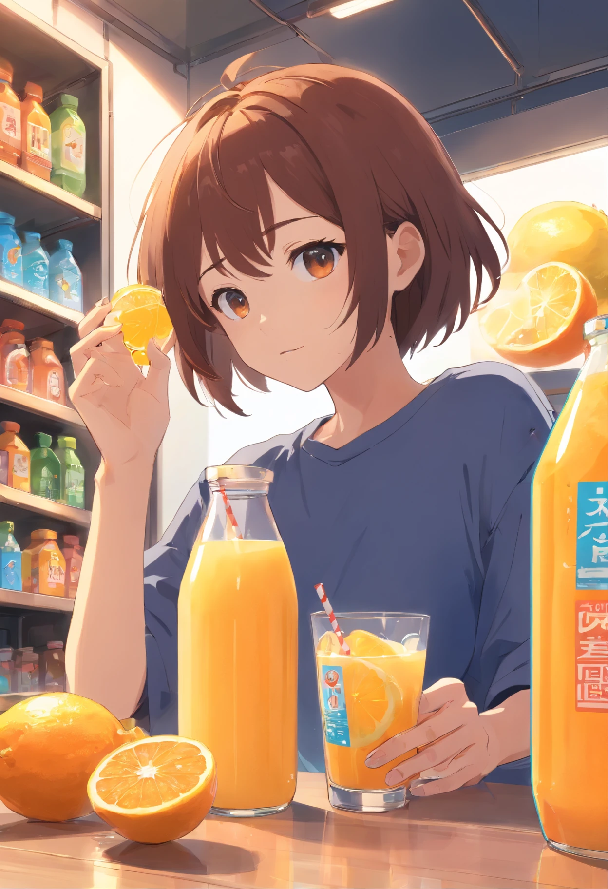 Someone has a bottle of orange juice with a sticker, Drink, Made with drinks, it has lemon skin texture, Lemon Demon, Wang Chen, Energy drinks, qiangshu, lava, daoshu, Chiba Yuda, fire punch, Komono, zmonzheng,Wringing by hand,