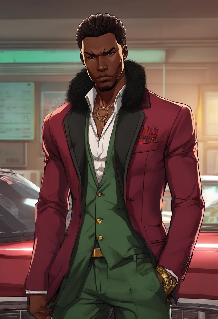 a close up of a dark skin person wearing a formal shirt with pinstripe pants and black boots, while sporting a pair of brass knuckles and a burgundy jacket with skull insignias adorning the arms and a fur collar. This creates the visage of a high-class gangster. , African American character in tekken, emerald green eyes, undercut hairstyle, half body close-up shot, male character, single character full body, full body shot hyperdetailed, style of mirror\'s edge, kentaro miura style, half body render, daigo ikeno, highly detailed half body, half body portrait shot