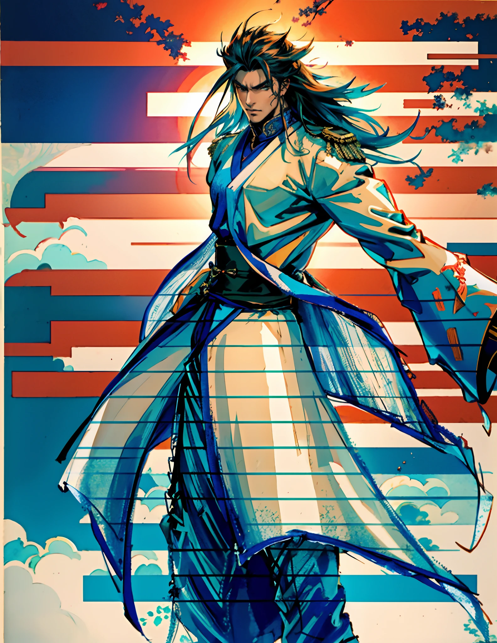 A man with disheveled long hair, a cascade of unruly locks, a handsome countenance, a carefree expression, tall and slender, wears a light-colored Chinese-style undershirt, over which he layers a loose dark-colored long daoist robe, long and wide sleeves, wears dark pants, surrounded by colorful clouds and mist, stands amidst a colorful sea of clouds and mist, this character embodies a finely crafted fantasy-style Chinese martial artist character in anime style, characterized by an exquisite and mature manga illustration art style, high definition, best quality, highres, ultra-detailed, ultra-fine painting, extremely delicate, professional, anatomically correct, symmetrical face, extremely detailed eyes and face, high quality eyes, creativity, RAW photo, UHD, 8k, Natural light, cinematic lighting, masterpiece:1.5