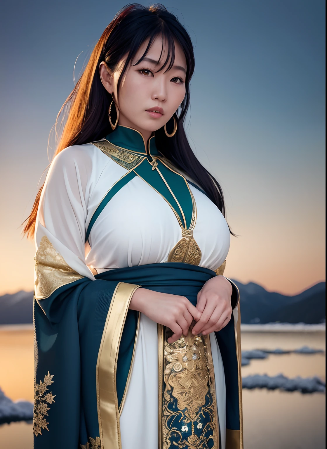 (mongolian woman:1.2), mongolian woman wearing the caftan standing up, beautiful, gorgeous, gorgeous face, mature face, best quality, masterpiece, ultra high res, (photorealistic:1.4), 1girl, looking at viewer, masterpiece, best quality, high quality, extremely detailed CG unity 8k wallpaper, The vast and quiet taiga stretches to the horizon, with dense green trees grouped in deep harmony, as the fresh breeze whispers through their leaves and crystal snow lies on the frozen ground, fulmoon night, colorful background, lake at the back, moonlight reflection, creating a stunning and peaceful landscape, Bokeh, Depth of Field, HDR, bloom, Chromatic Aberration, Photorealistic, extremely detailed, trending on artstation, trending on CGsociety, Intricate, High Detail, dramatic, caftan, golden belt,