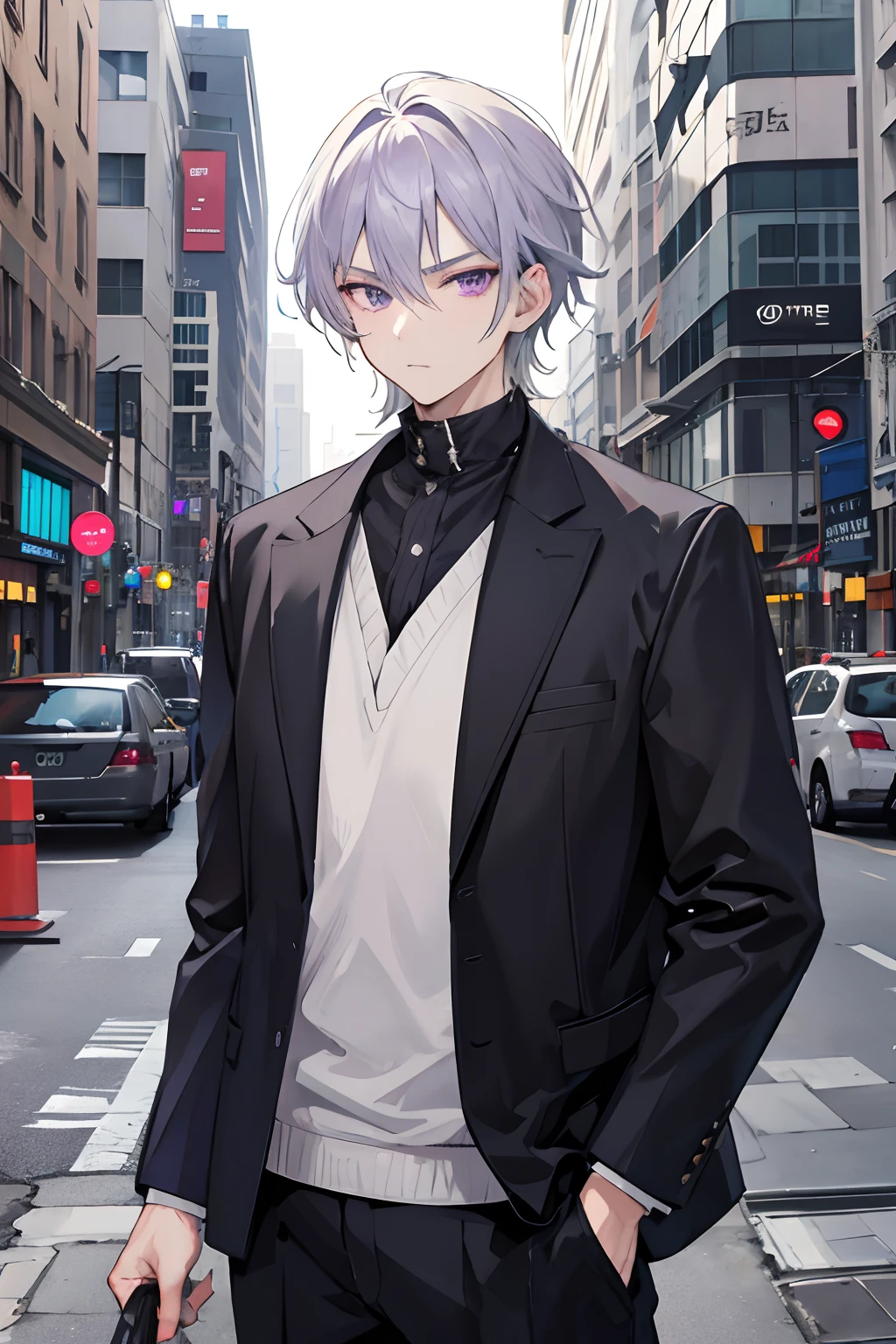 Anime guy in a suit and tie standing on a city street - SeaArt AI