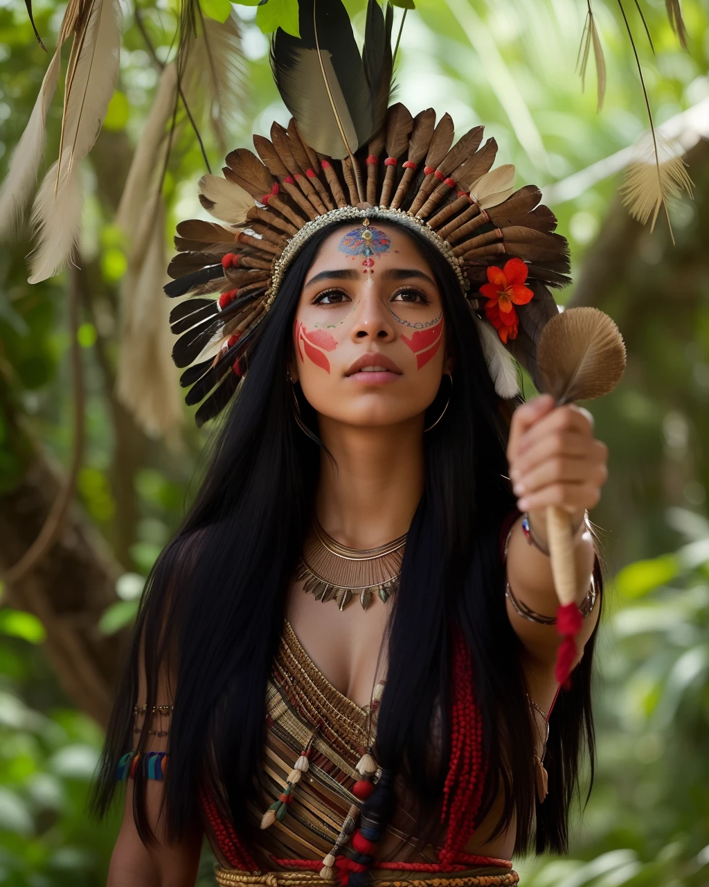 Extremely perfect cinematic hyperrealistic image of arafed woman with a feather headdress holding a wooden stick, amazon indian peoples in brazil, a young female shaman, beautiful young female shaman, Retrato da princesa asteca, pintura facial tribal, roupas tribais, uma bela mulher guerreira, she is dressed in shaman clothes, maquiagem tribal, atmosfera vermelha tribal, Nativo americano, pinturas tribais do rosto, ESTILO TRIBAL, Deusa guerreira asteca, 16k, highes definition, rosto detalhado, rosto detalhado, olhos detalhados, terno detalhado, estilo DC, hiper-realista, + Cinematographic shot + dynamic compositing, incrivelmente detalhado, nitidez, detalhes + detalhes soberbos + noite com luz + perfeccionismo + realismo premiado ((soft-lighting))