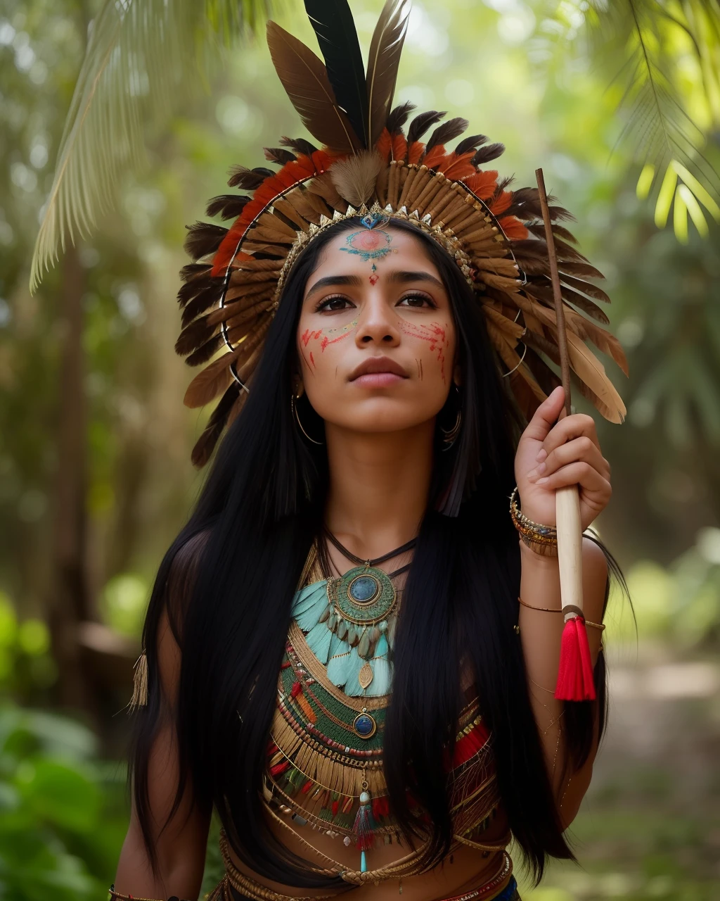 Extremely perfect cinematic hyperrealistic image of arafed woman with a feather headdress holding a wooden stick, amazon indian peoples in brazil, a young female shaman, beautiful young female shaman, Retrato da princesa asteca, pintura facial tribal, roupas tribais, uma bela mulher guerreira, she is dressed in shaman clothes, maquiagem tribal, atmosfera vermelha tribal, Nativo americano, pinturas tribais do rosto, ESTILO TRIBAL, Deusa guerreira asteca, 16k, highes definition, rosto detalhado, rosto detalhado, olhos detalhados, terno detalhado, estilo DC, hiper-realista, + Cinematographic shot + dynamic compositing, incrivelmente detalhado, nitidez, detalhes + detalhes soberbos + noite com luz + perfeccionismo + realismo premiado ((soft-lighting))