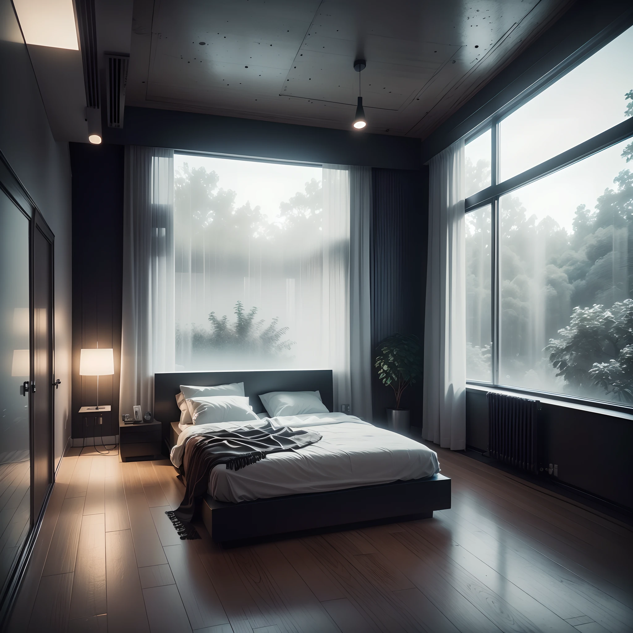 Bauhaus style house interior, glass house with a sloping roof, modern, dynamic, modern furnishings with a 1960s feel, dark muted colors, (RAW photo, real, best quality, masterpiece:1.2), (hyper realistic, photo-realistic:1.2), high quality, (dark lighting:1.2), perfect lighting, archdaily