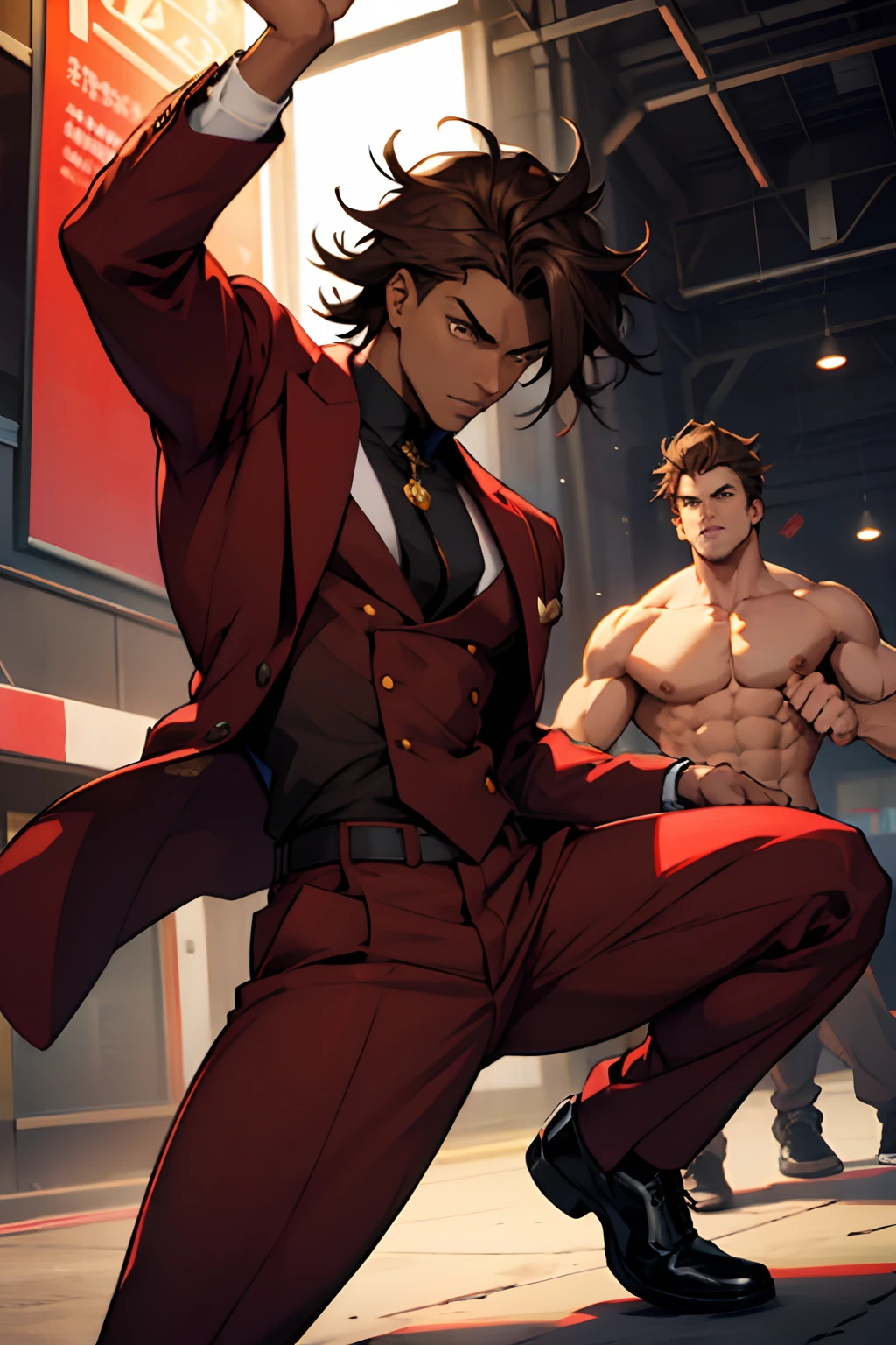 black young man, negro, messy hair, brown hair, jojo pose, show, red suit, lindo, dance
