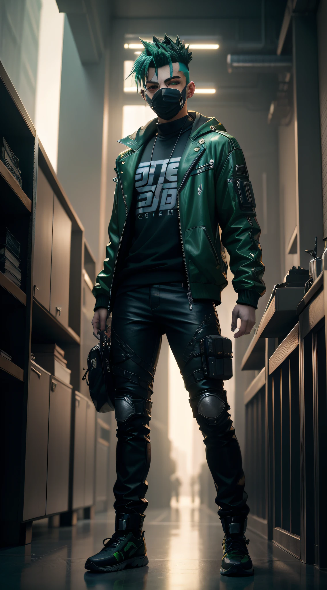ultra detail, high resolution, ultra detailed, best quality, amazing, top quality, extremely detailed CG unity 8k wallpaper, cinematic lighting, cyberpunk, dark boy, trash gang facemask. mohawk hairstyle, green hair, full body shot, dynamic pose, rim lighting