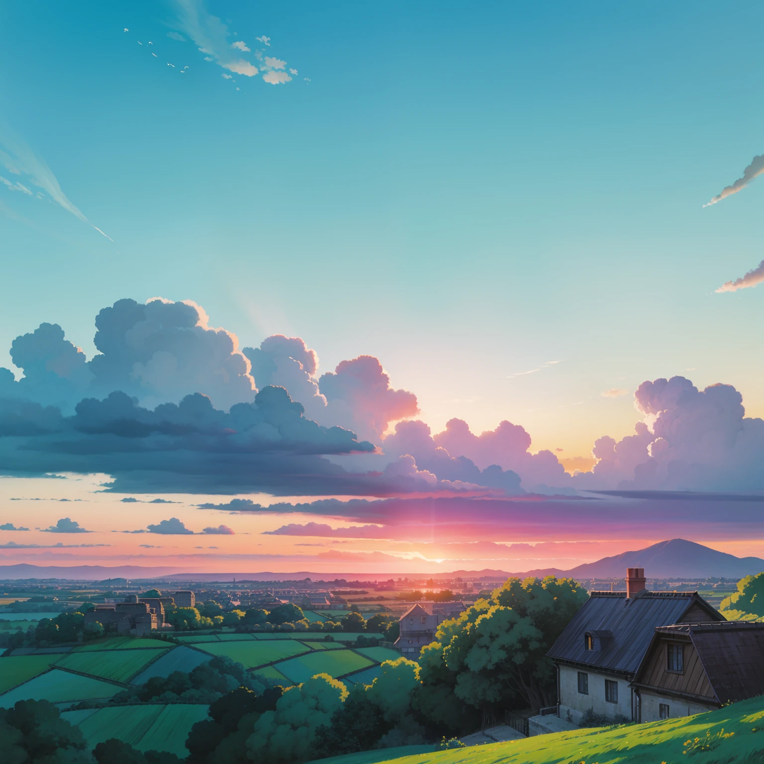 animesque、Skyscape with clouds、Landscape without buildings、You can see the touch of the brush、Studio Ghibli、Ghibli、Scenery、Style、Golden Time、sky line,  sunrises effects