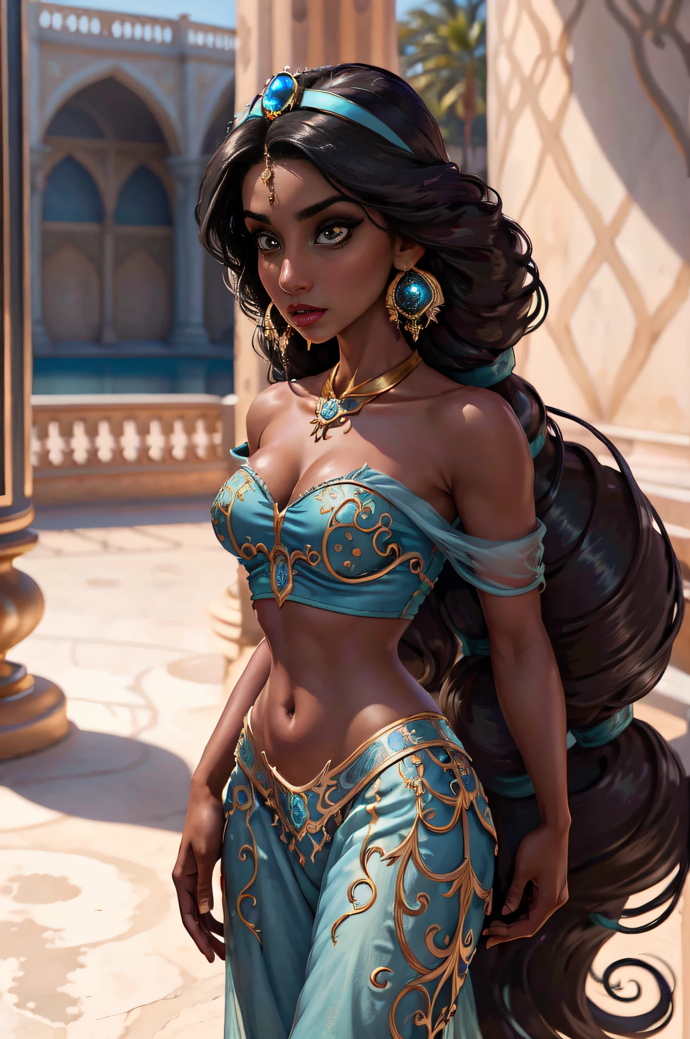 (Masterpiece, Best Quality, Highres:1.2), Detailed, Intricate Details, 4K,
1Girl, (Solo:1.2), jasmine, long hair, breasts, black hair, navel, cleavage, bare shoulders, brown eyes, jewelry, earrings, midriff, dark skin, necklace, off shoulder, blurry, dark-skinned female, crop top, blue shirt, clenched hands, circlet, off-shoulder shirt, arabian clothes, looking at viewer
outdoors, arabian palace, fountain,