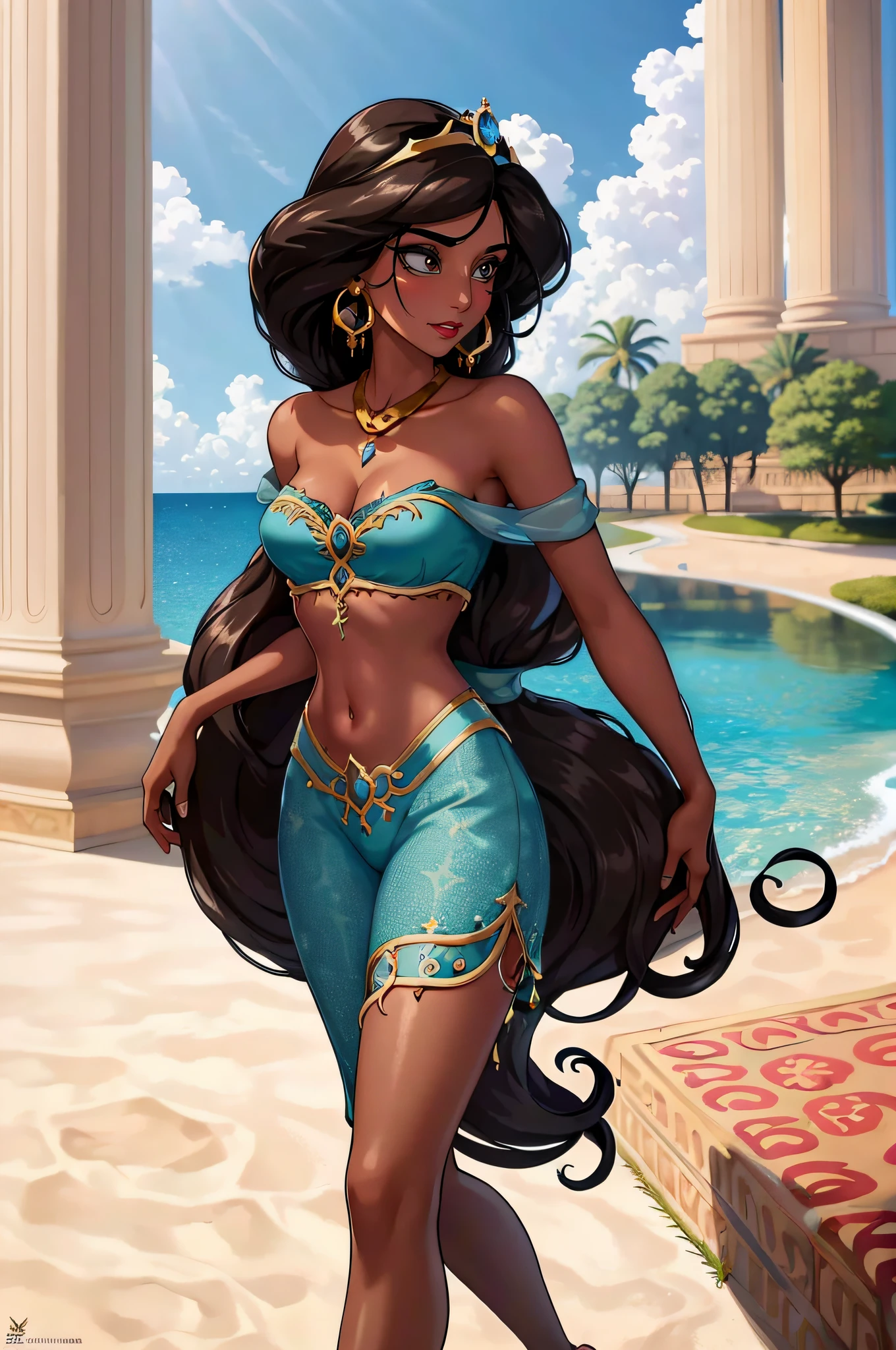 (Masterpiece, Best Quality, Highres:1.2), Detailed, Intricate Details, 4K, 
1Girl, (Solo:1.2), jasmine,  long hair, breasts, black hair, navel, cleavage, bare shoulders, brown eyes, jewelry, earrings, midriff, dark skin, necklace, off shoulder, blurry, dark-skinned female, crop top, blue shirt, clenched hands, circlet, off-shoulder shirt, arabian clothes
outdoors, arabian palace, fountain,