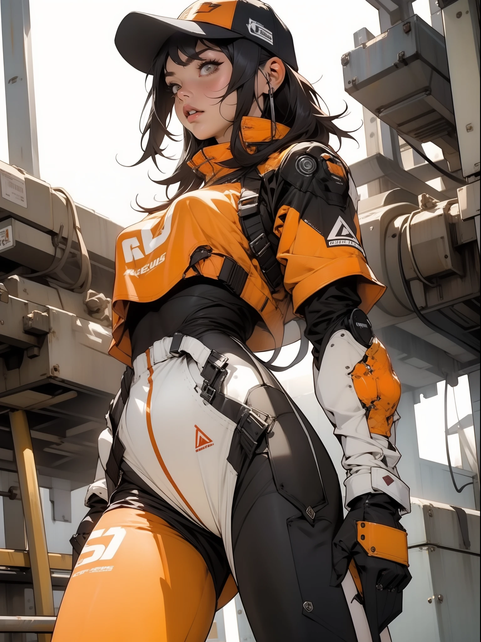 ((Best quality)), ((masterpiece)), (detailed: 1.4), Robot pilot woman defined muscular body, Neon evangelion style, half thick naked thighs, closed mouth, only panties, muscular body parts covered by technological clothing, (((medium breasts)) perfect, generous neckline, (((orange clothing)), Holland, pastel, (((mechanical arm))), airplane wings on the back, dark brown straight hair with straight bangs on the forehead, short underwear, garter belt, by mucha, niji --V5, close to real, best quality, almost naked, psychopathic, crazy face, sexy pose, psychedelic background, 2 piece clothes, Holland symbol designs, cyberpunk, dark blue bra with the sun, (((clothes with the colors of the Dutch national team shirt))), pointed shoulder pads, blue eyes without pupils, HDR (High Dynamic Range), Ray Tracing,NVIDIA RTX,Super-Resolution,Unreal 5,Subsurface Dispersion, PBR Texture, Post-processing, Anisotropic Filtering, Depth of Field, Maximum Clarity and Sharpness, Multilayer Textures, Albedo and Specular Maps, Surface Shading, Accurate Simulation of Light-Material Interaction, Perfect Proportions, Octane Render, Two-Tone Lighting, Wide Aperture, Low ISO, White Balance, Rule of Thirds, 8K RAW, Crysisnanosuit