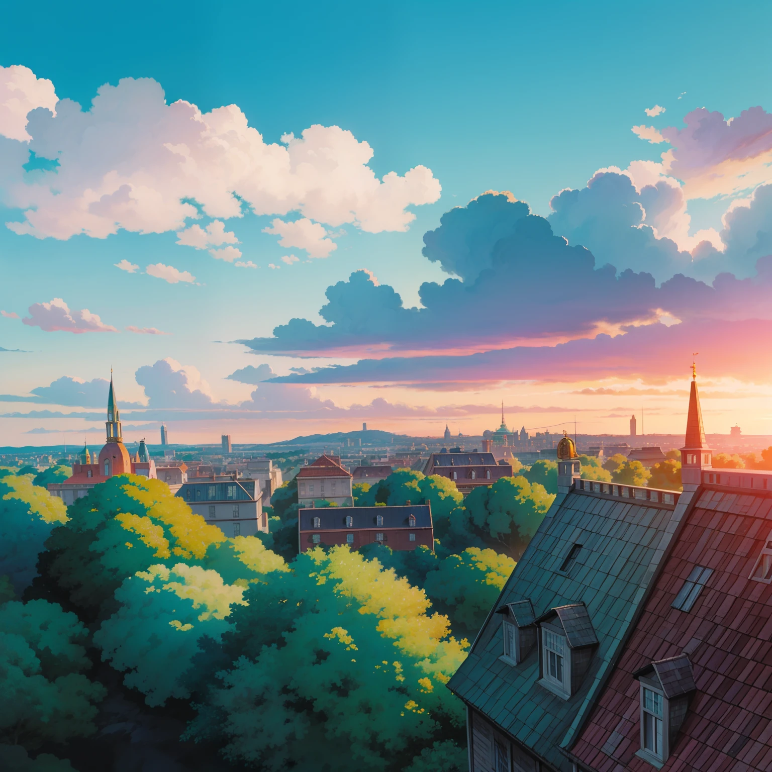 animesque、Skyscape with clouds、Landscape wih buildings、You can see the touch of the brush、Studio Ghibli、Ghibli、Scenery、Style、Golden Time、sky line,  sunrises effects