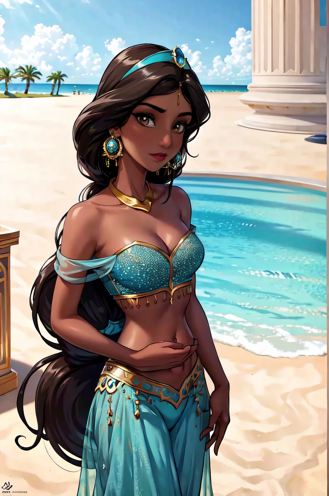 (Masterpiece, Best Quality, Highres:1.2), Detailed, Intricate Details, 4K,
1Girl, (Solo:1.2), jasmine, long hair, breasts, black hair, navel, cleavage, bare shoulders, brown eyes, jewelry, earrings, midriff, dark skin, necklace, off shoulder, blurry, dark-skinned female, crop top, blue shirt, clenched hands, circlet, off-shoulder shirt, arabian clothes, looking at viewer
outdoors, arabian palace, fountain,
