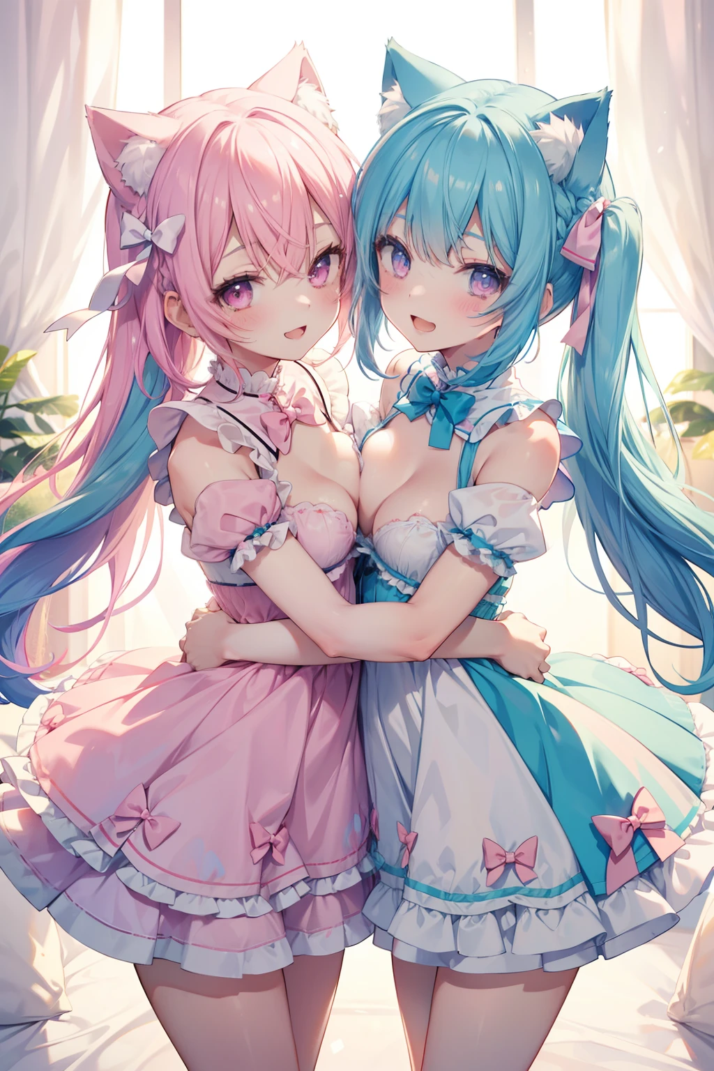 NSFW,Two Girls,selfee,Bring nipples to nipples together,Hugging,show off nipple,Light blue hair,Light pink hairstyle，Cat ears，Pink eyes，Light blue Lolita，white sock，pink bows,Smile with open mouth,Top image quality,Best Quality