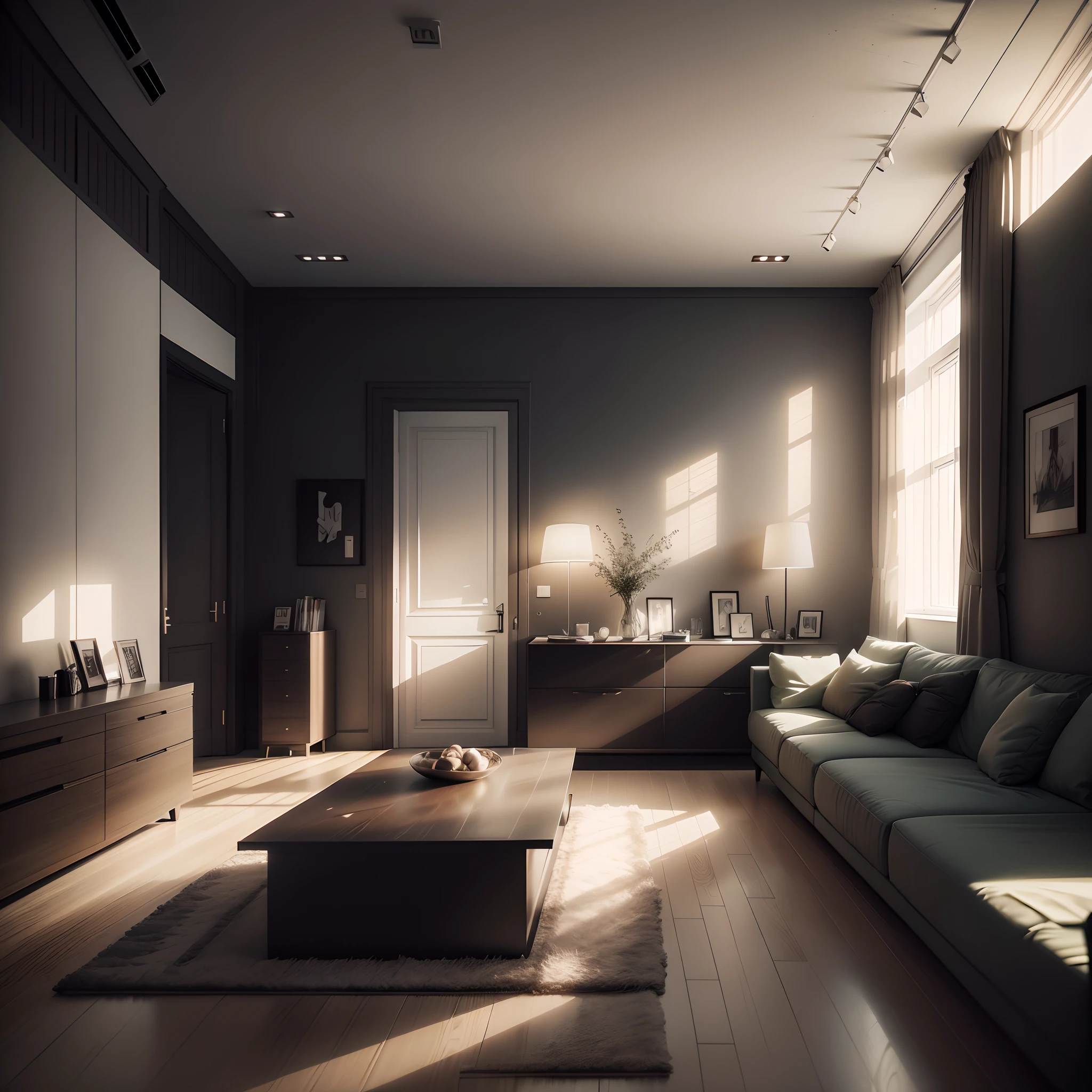 Bauhaus style house interior, lounge with modern style furniture, modern, dynamic, modern furnishings with a 1960s feel, dark muted colors, (RAW photo, real, best quality, masterpiece:1.2), (hyper realistic, photo-realistic:1.2), high quality, (dark lighting:1.2), perfect lighting, archdaily