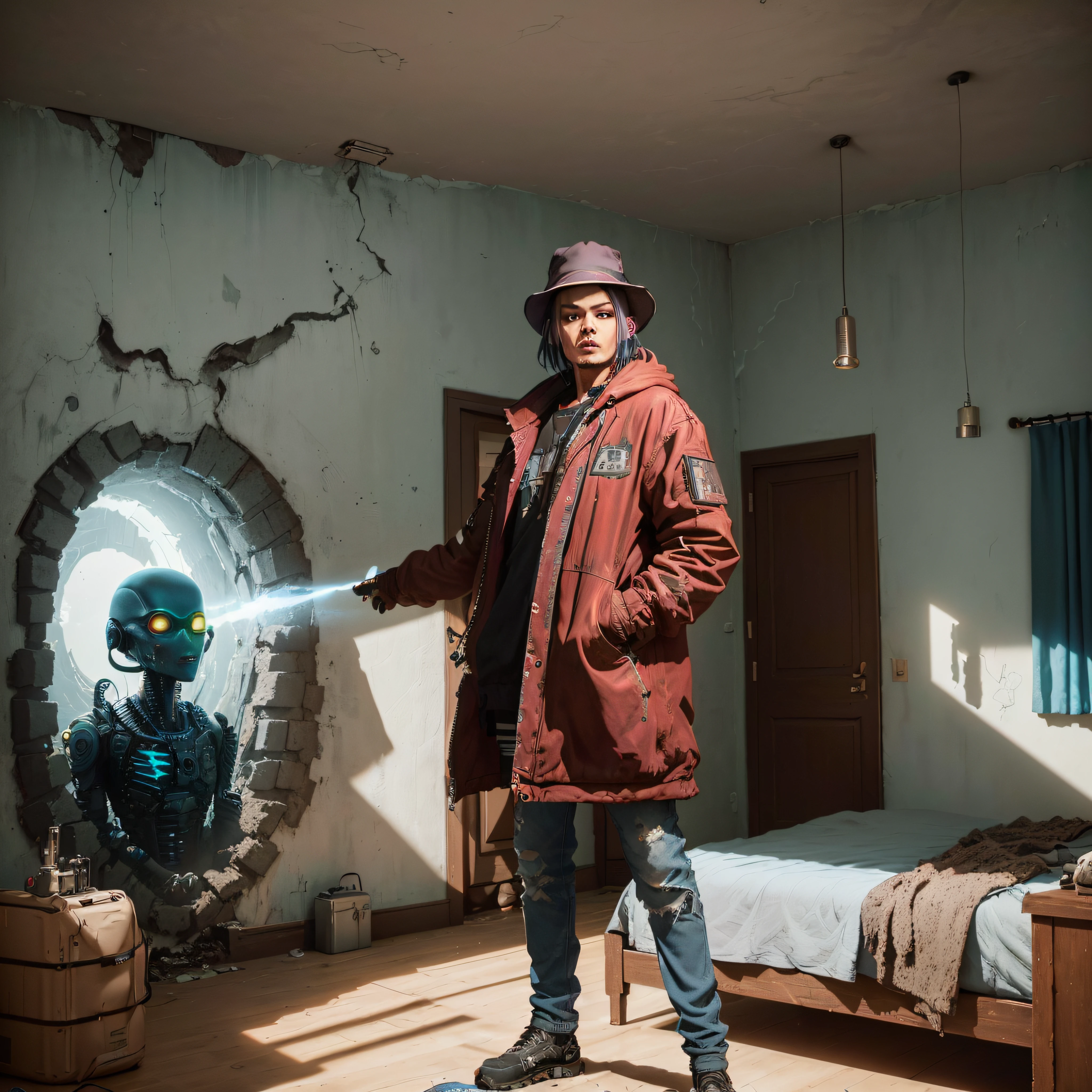 there is a man Johnny Depp standing in a room with Alien coming in a hole on the wall, in a cyberpunk themed room, still from a live action movie, cyberpunk teenager bedroom, shot on sony a 7 iii, beeple and jean giraud, cyberpunk childrens bedroom, in a post apocalyptic setting, shot on canon eos r 5, shot on canon eos r5