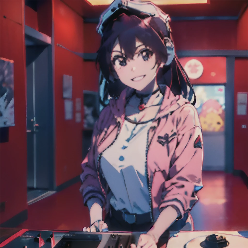 (1 girl、A dark-haired、straight haired、hair adornments、ssmile、A smile、big tits、cute  face)、Red jacket、Black pants、full body Esbian、camera view、Turntables on both sides of the mixer console、​masterpiece、top-quality、nffsw、Wearing headphones on your neck