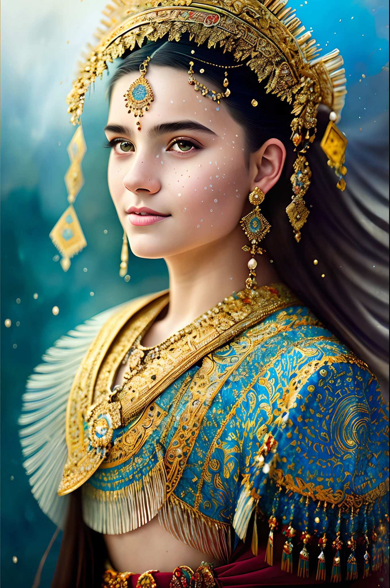 Young traditional dancer of the Arab nation, The detailed and sharp focus is on her face, hyper-detailing, A high resolution, Portrait of William Hainretz, aquarelle, Wet and splash technology, Centered, Perfectcomposition, abstraction, surrealism, trending on artstationh, Sharp focus, studio photo, Intricate details, Highly detailed, by Greg Rutkowski