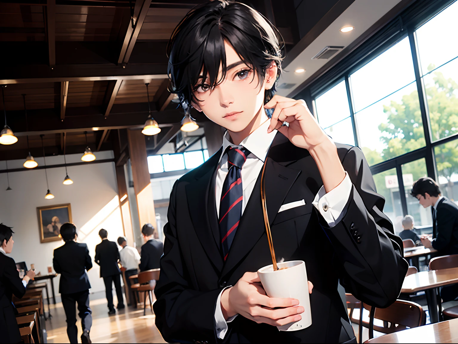 1boy,11 only、(Man's :2),(bobhair:1.5)、A dark-haired、Drinking coffee、Brightly colored ties、cafes、beautiful lighting、hightquality、masutepiece,8K,hight resolution、