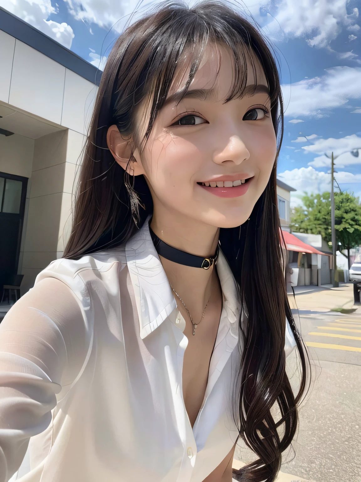 (8K、top-quality、masterpiece:1.2)、(realisitic、Photorealsitic:1.37)、ultra-detailliert、2guys、Identical twin sisters、cute little、a beauty girl、sixteen years old、Beautiful detailed sky、Detailed Cafe、natta、sitting on、date、(Nasal blush)、 (A smile:1.15),(Closed)small tits,Beautiful fineness,(shirt with collar:1.1),natta,Wet,White naked tops,Sateen,(Black Long Hair:1.2), (Bangs hang down:1.2),Floating Hair NovaFrogStyle,