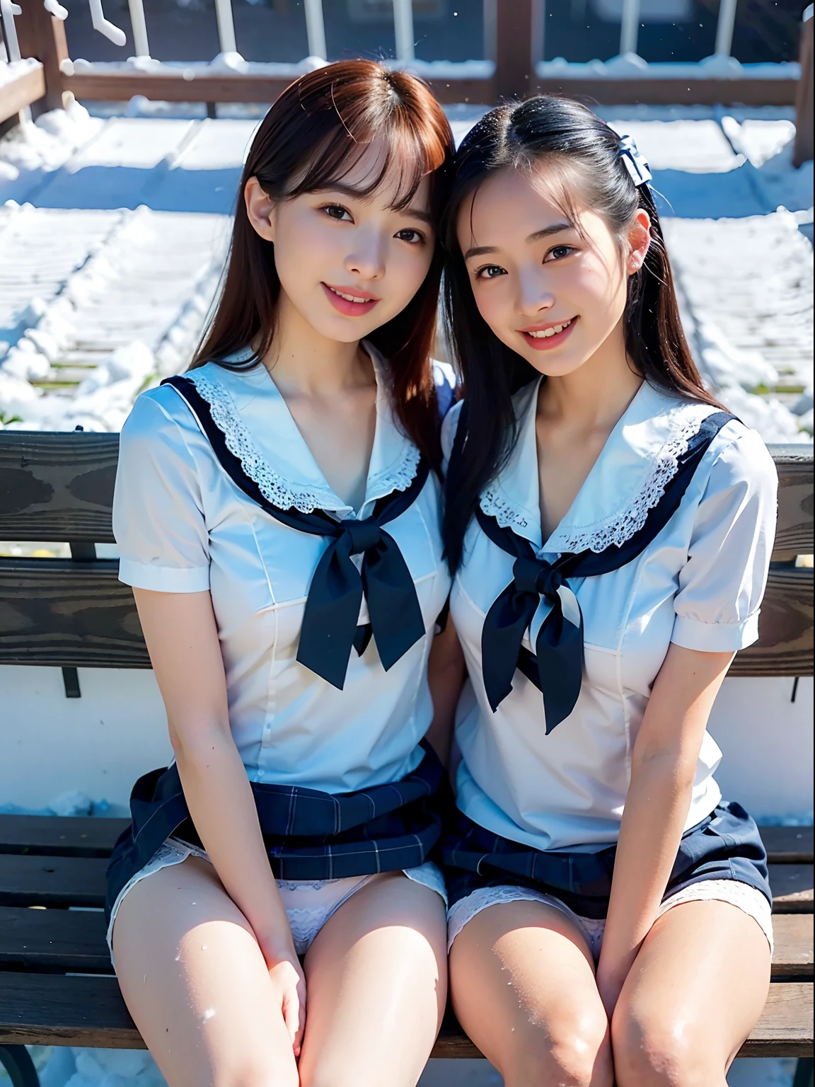 ultra-detailliert、masterpiece、top-quality、超A high resolution、8K high image quality、Photogenic clarity、A detailed eye、gradients、Real live-action、(((Two Women、Sit on a bench)))、、、(((Dark blue school uniform、White blouses、Cute white white short sleeve blouse with checked ribbon)))、Sit in a triangle with your thighs slightly inward、panties focus、too bright natural light、Sunshine、Detailed lace panty pattern、Plain white panties、(((Beautiful alignment and snow-white teeth)))、
