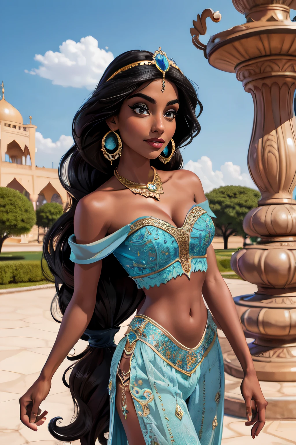 (Masterpiece, Best Quality, Highres:1.2), Detailed, Intricate Details, 4K,
1Girl, (Solo:1.2), jasmine, long hair, breasts, black hair, navel, cleavage, bare shoulders, brown eyes, jewelry, earrings, midriff, dark skin, necklace, off shoulder, blurry, dark-skinned female, crop top, blue shirt, clenched hands, circlet, off-shoulder shirt, arabian clothes, looking at viewer
outdoors, arabian palace, fountain,