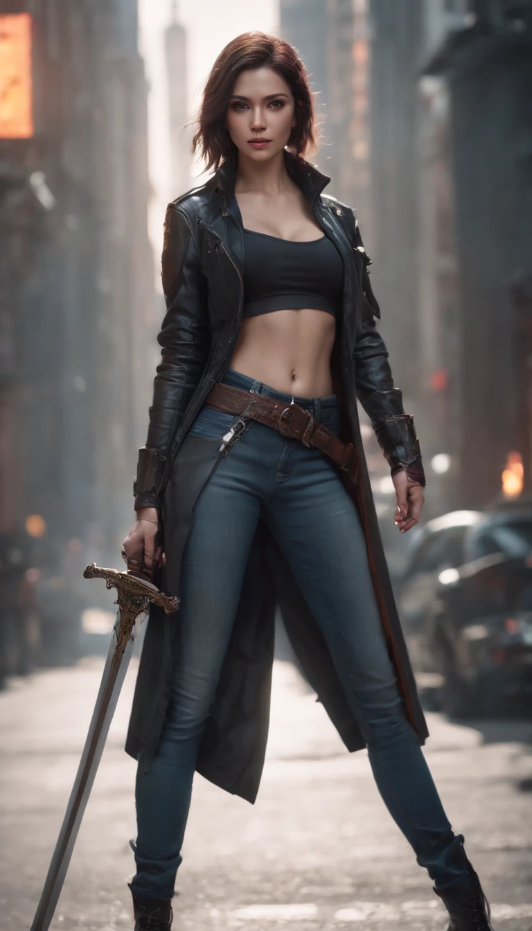 a woman in tight jeans and jacket holding a sword, toned stomach, Guweiz style art, cyberpunk anime girl, Ross Tran 8K, cyberpunk anime art, Ross Tran Style, cyberpunk anime art, female cyberpunk anime girl, art cyberpunk anime digital, very handsome cyberpunk samurai, Guweiz, by Yang J, Seductive cyberpunk dark fantasy
