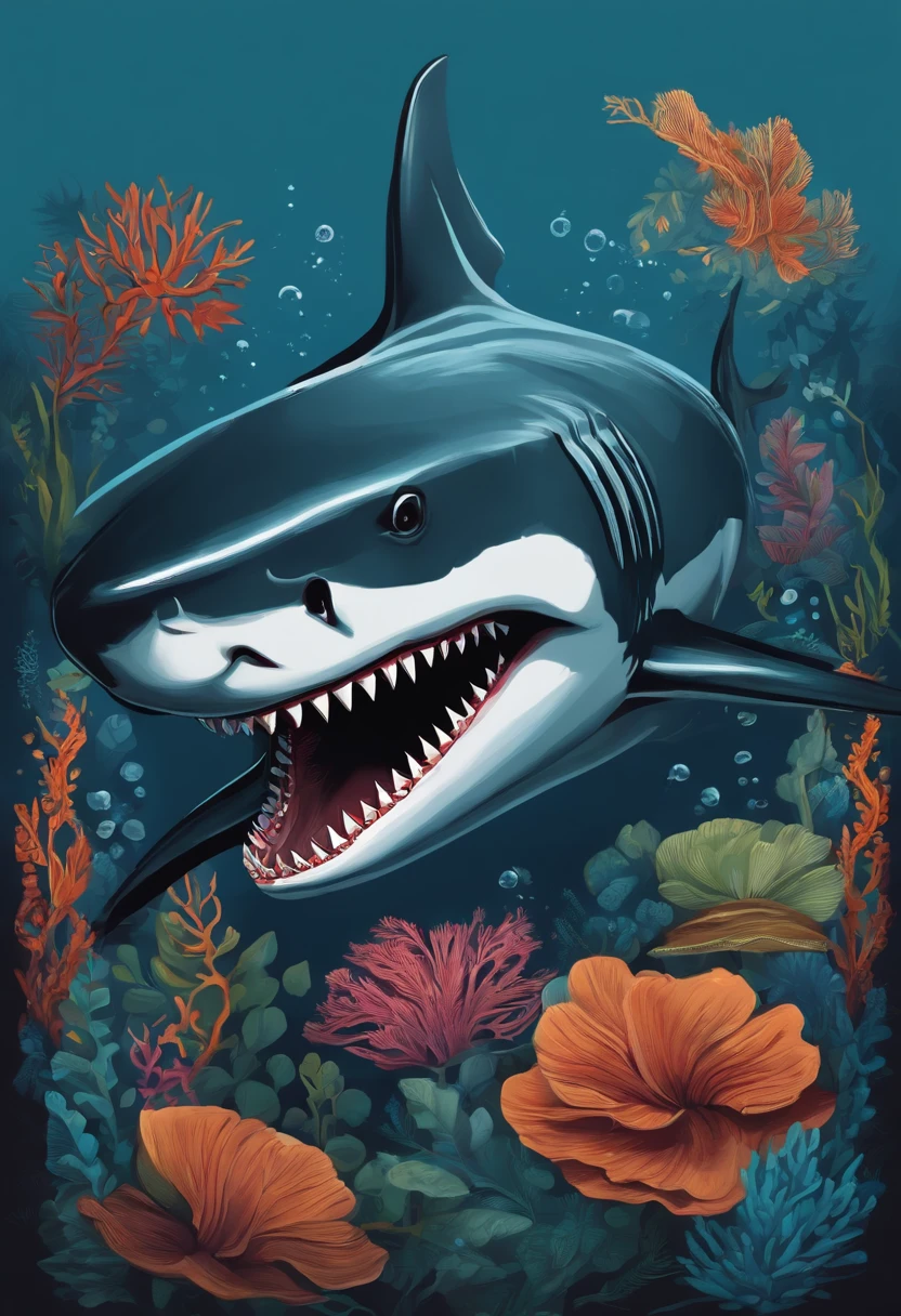 /imagine prompt: Shark illustration for a sticker with a black background, em negrito estilo de contorno, bordas irregulares, Lixo, sombreamento claro --v 5.2