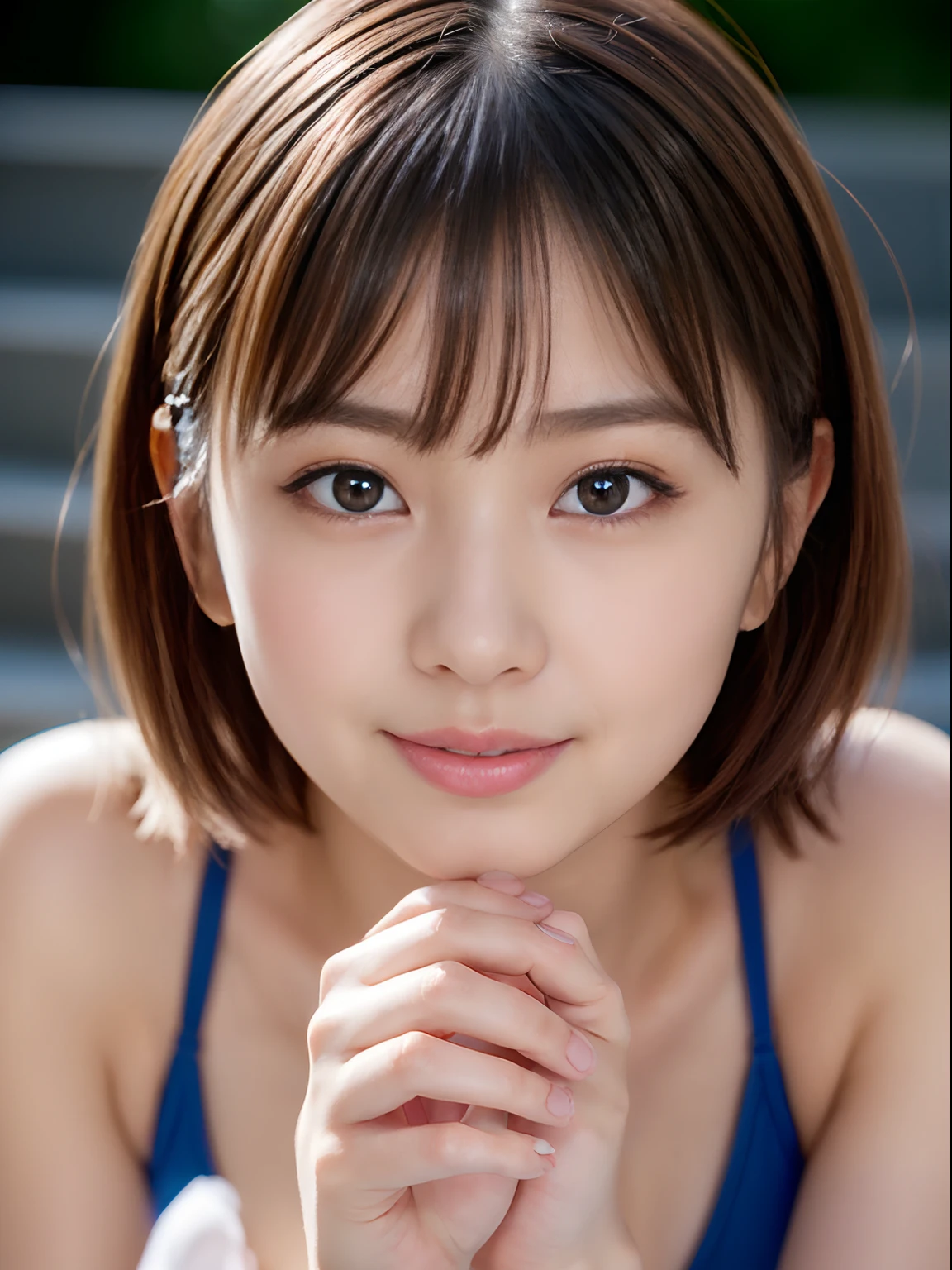((NSFW, ))the Extremely Detailed CG Unity 8K Wallpapers,top-quality,ultra-detailliert,masterpiece,realisitic,Photo Real,Bright lighting,extremely detailed cute girl,,Innocent big eyes,A detailed eye,(brown haired),(shorth hair),(bangss),flawless skin,shinny skin,fair white skin,Fine skin, (huge breasts),((perfect anatomia,nice hand,perfect hand,Five fingers connected to the palm of the hand,accurate hands without incongruity))、((Very beautiful pubic area))、((Angle from below))、((dynamicposes)))、((Lower milk is visible))、((Sit on concrete stairs)),Back lighting、(Pink Micro Swimsuit),(seductiv)、(Angel Smile), ((so sexy)), Vulgarity, public indecency, skin dantation