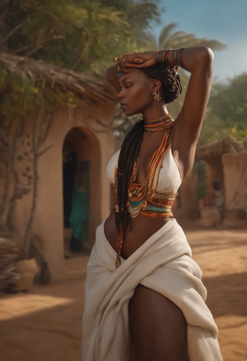 Full body photo in bikini The most beautiful work of art in the world, ((genial)) Mulher africana negra, ((African braids)), cabelo crespo, (Sentamos: 1.2), (de_lado: 1.3), Majestic oil painting by Ed Brinkie, Atey Ghailan, por Ghibli studio, Poljeremy Mann, Greg Manxadinho, Antonio Moro, Trend at Artstation, trend in CGSociety, intrincado, High detail, foco nítido, Dramatic, Arte de pintura fotorrealista de Midjourney e Greg Rutkowski