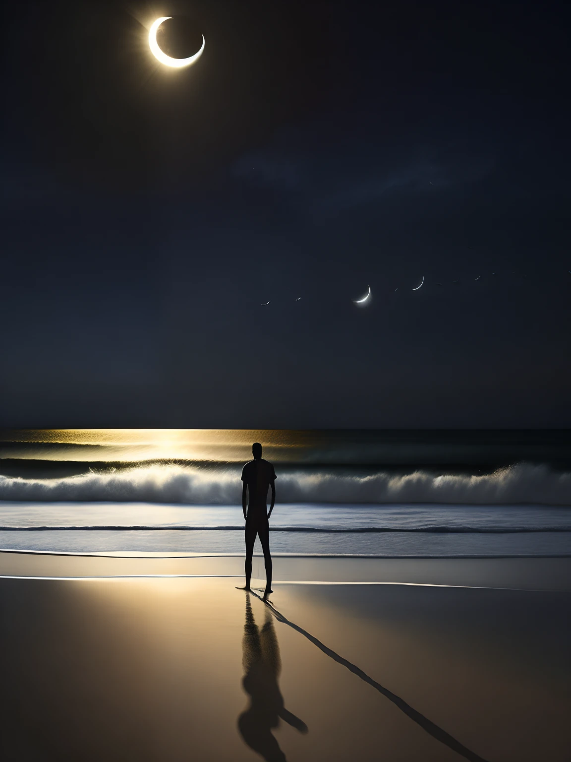 man alone in the beach, eclipse, night with sun, melancoly art, realist, black shirt