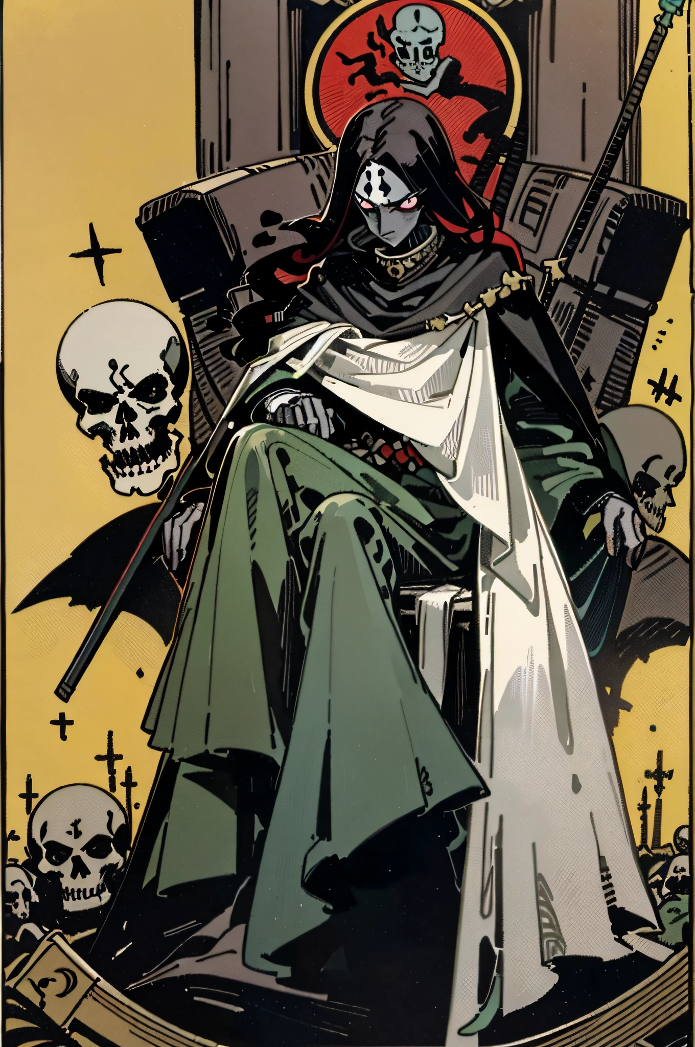 Tarot card, a morte, caveira, roupa preta, trono de pedra, foice