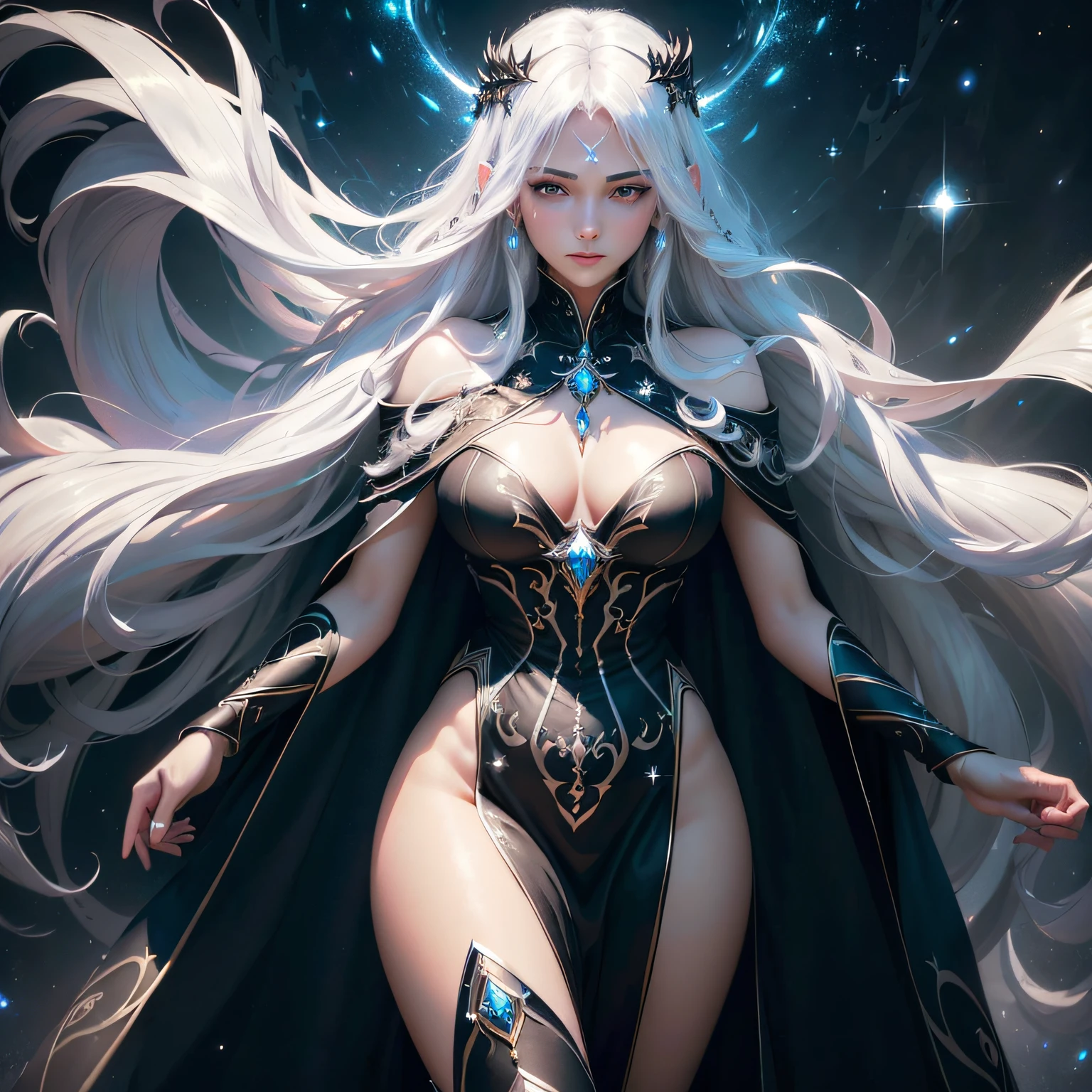 (masterpiece, best quality, ultra-detailed CG unity 8k wallpaper), a beautiful sorceress with a majestic aura stealing sleep from these eyes, (floating+ethereal), (long black hair:1.2+glowing white hair), piercing blue eyes, (glittering gown+flowing cape), mysterious and powerful, surrounded by (wispy mist+sparkling stars+dark ambiance).