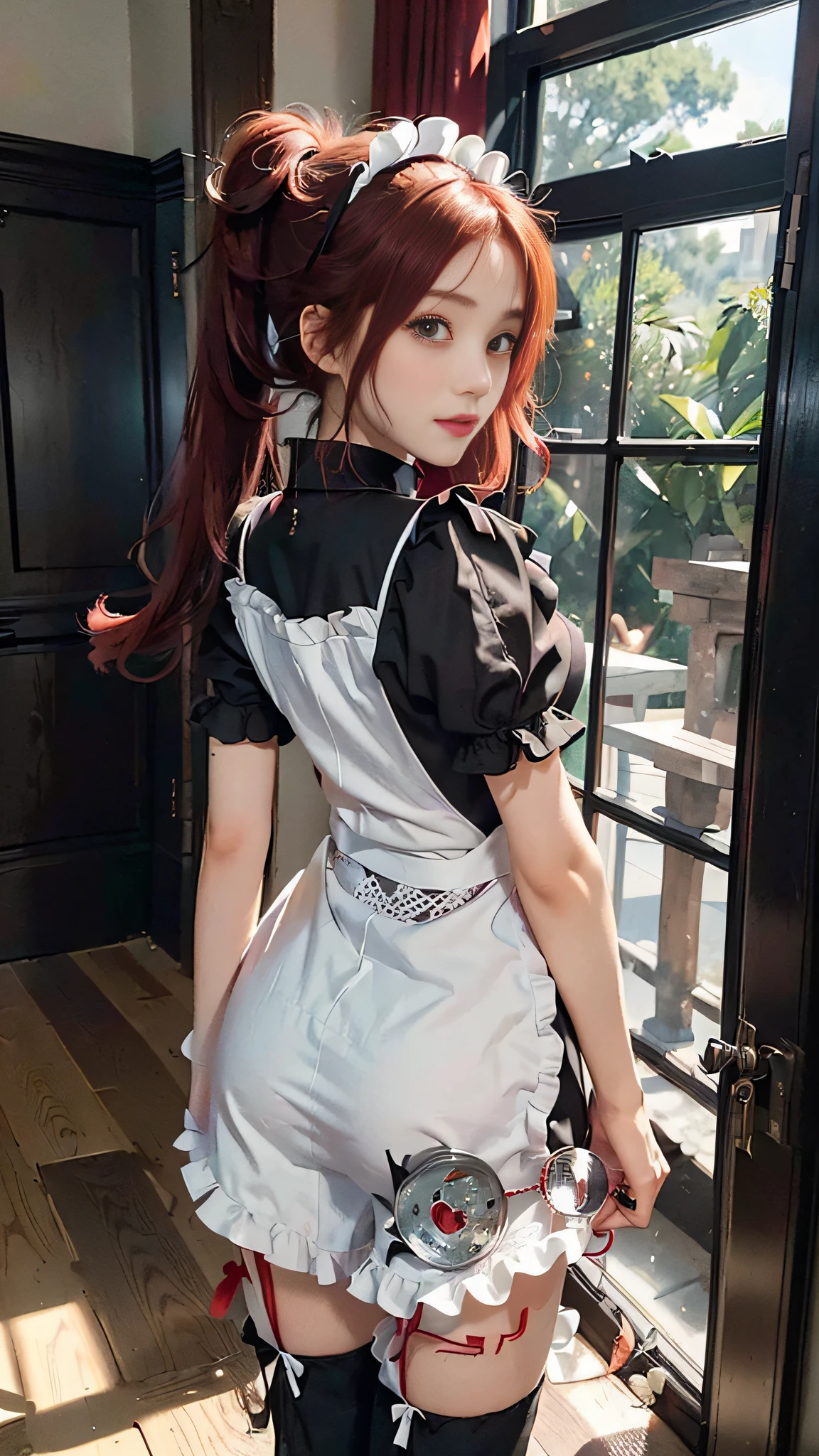 (((Two-dimensional illustration, (red hair with half twin tail), (3/4 eyes), a smile, a young girl of 18 years old, Cute symmetrical face, Black cat ears, red eyes, (Ruffled clothes, Clothing black lace), Interior Green color, a woman, full body, A masterpiece of 2D art, (Masterpiece,Top image quality:1.3),(Details:1.2),(1 girl in), All-black maid clothing , dark night)))